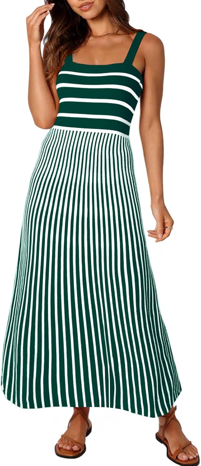Wenrine Womens Summer Striped Maxi Dress Casual Knit Sleeveless Square Neck Beach Tank Dresses khaki Large