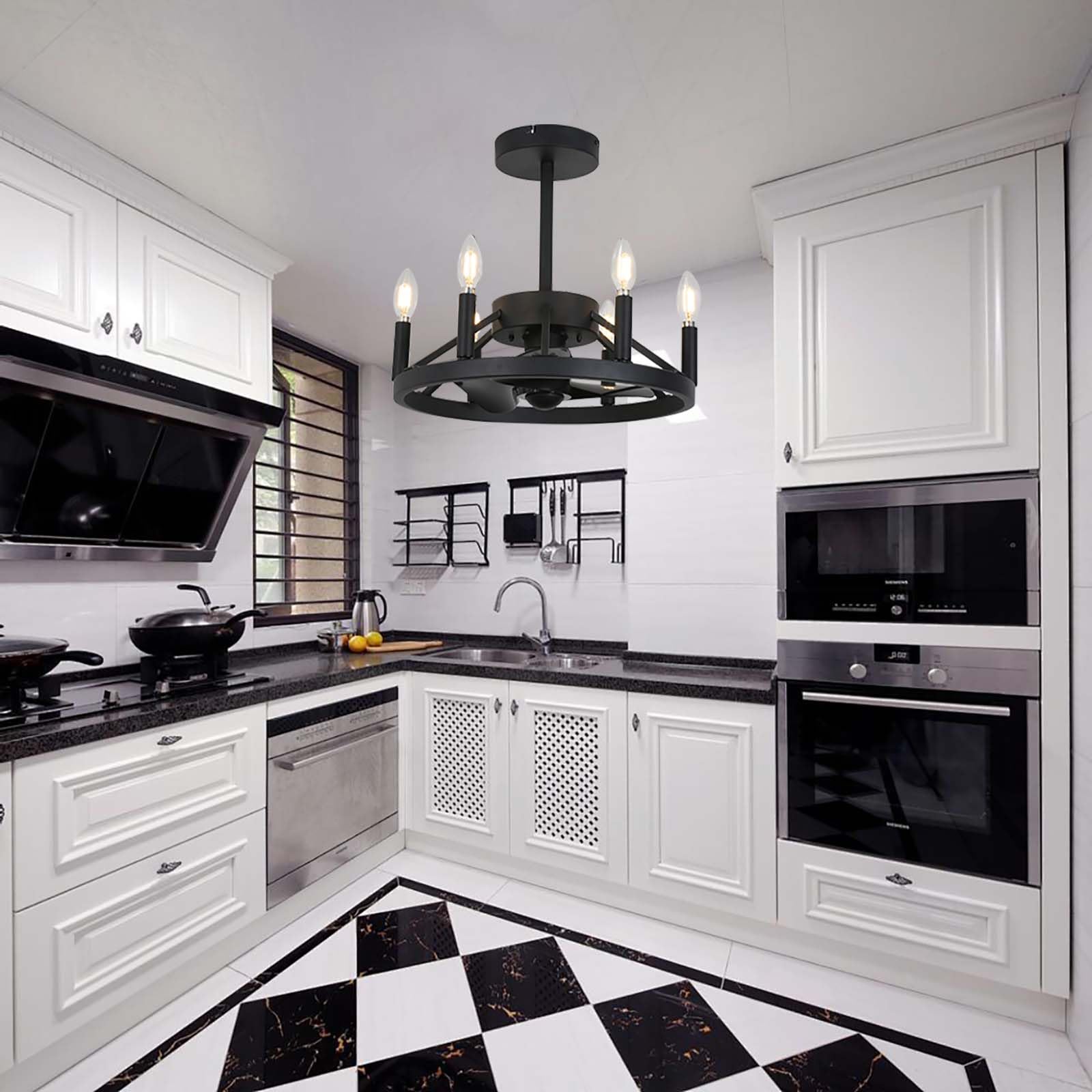 Ventilador de Techo Retro Negro con luz, 43 cm, Bombilla E12, Motor DC silencioso, diseño Reversible, Control Remoto, 6 velocidades, Cocina y Dormitorio, función de t