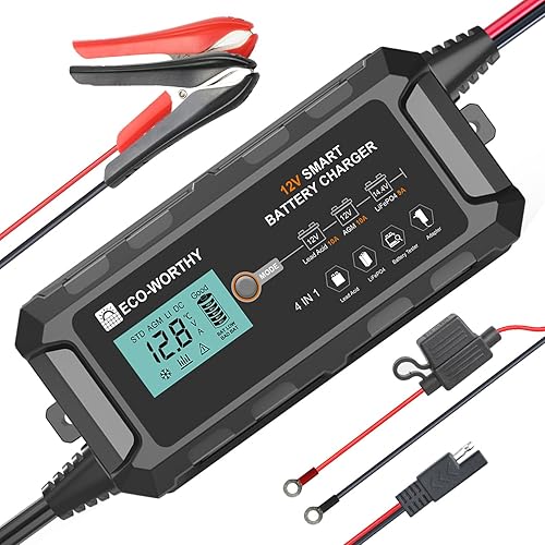 ECO-WORTHY 10-Amp 12V Smart Fully Automatic Battery Charger Maintainer Trickle Charger for Lead Acid LiFePO4 Battery Car Motorcycle Marine