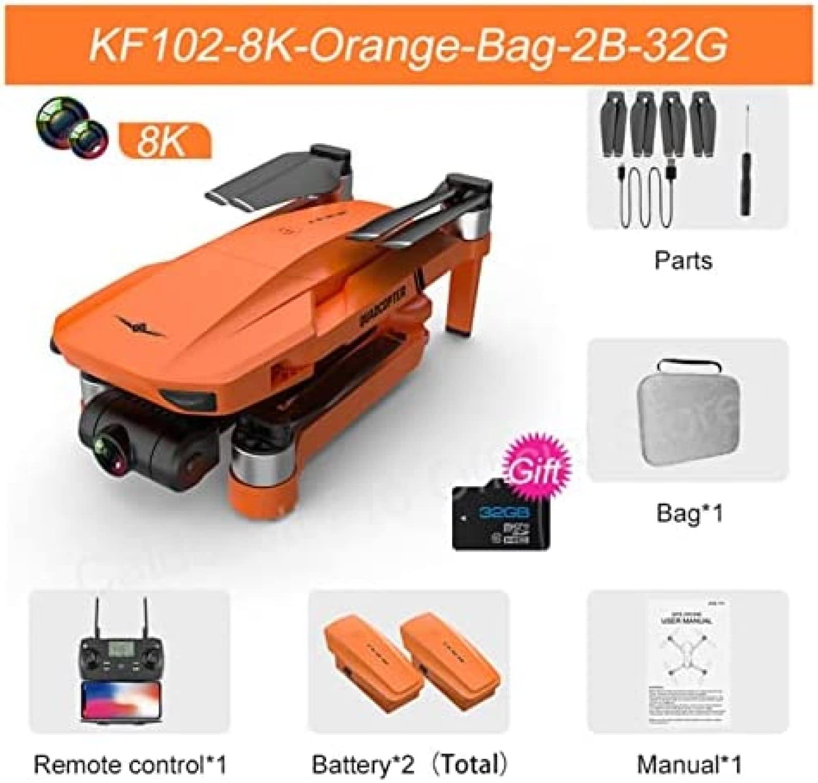 Drone con fotocamera KF102 Drone GPS 4K Professionale 8K Fotocamera HD 5G Wifi Gimbal a 2 assi Fotografia aerea Quadricottero pieghevole senza spazzole RC 1200M Drone 4k, Orange-8K-Bag-2B-32