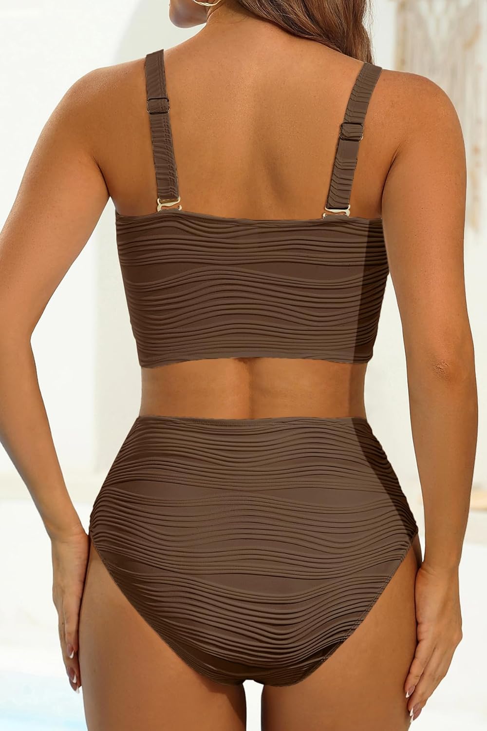 High Waisted Bandeau Bikini Set - Women Strapless Two Piece Swimsuits Ribbed Longline Full Coverage Bathing Suits Swimwear