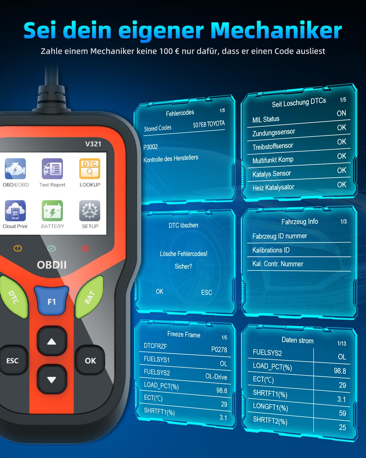 Carehabi OBD2 Diagnosegerät, Diagnosegerät Auto, Auslesegerät Auto für Alle Fahrzeuge seit 1996 & Newer (Schwarz)