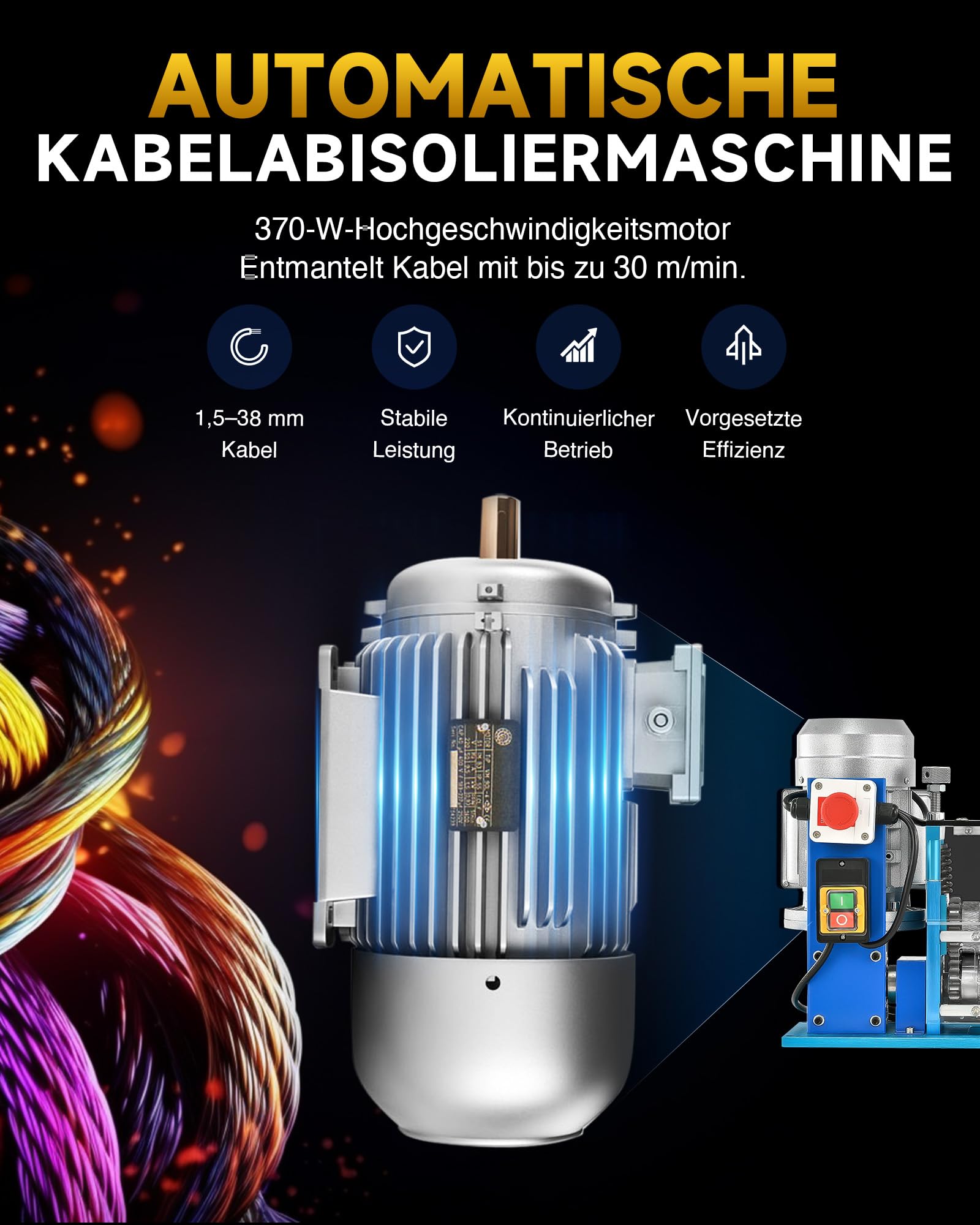 CREWORKS Elektrische Kabelabisoliermaschine 370W Kabelschälmaschine Abisoliermaschine Kabel Abisolierwerkzeug 11 Löcher 10 Klingen 1,5-38 mm Wire Stripping Peeling Machine