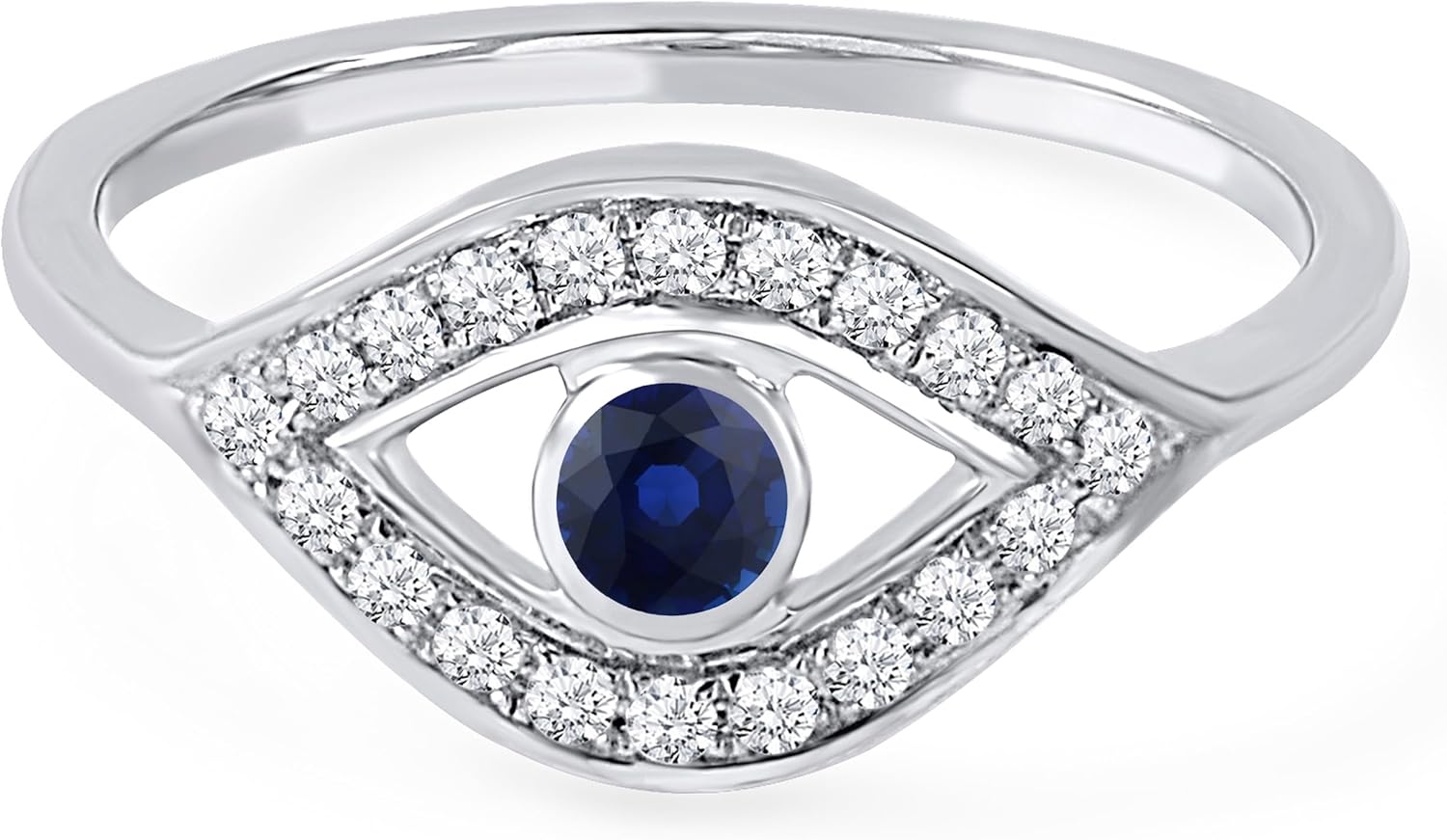 Round Cut Blue Sapphire & White Diamond Evil Eye Ring For Women, 14K Gold Plated Silver September Birthstone Protective Ladies Luck Evil Eye Ring