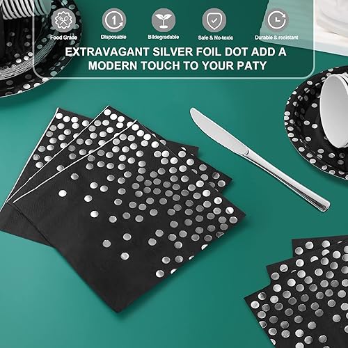 Miniatura 5 de 168 piezas de decoraciones de fiesta negras y plateadas, platos negros, tazas y servilletas, juegos de 24, decoraciones de cumpleaños para