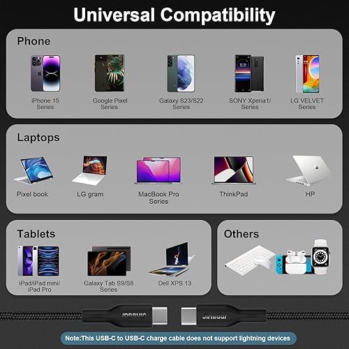 Miniatura 7 de Cable de carga USB C, cable trenzado USB C a USB C (6 pies, paquete de 2), cable 3A tipo C de 60 W de carga rápida para iPhone 15 Plus Pro Max,