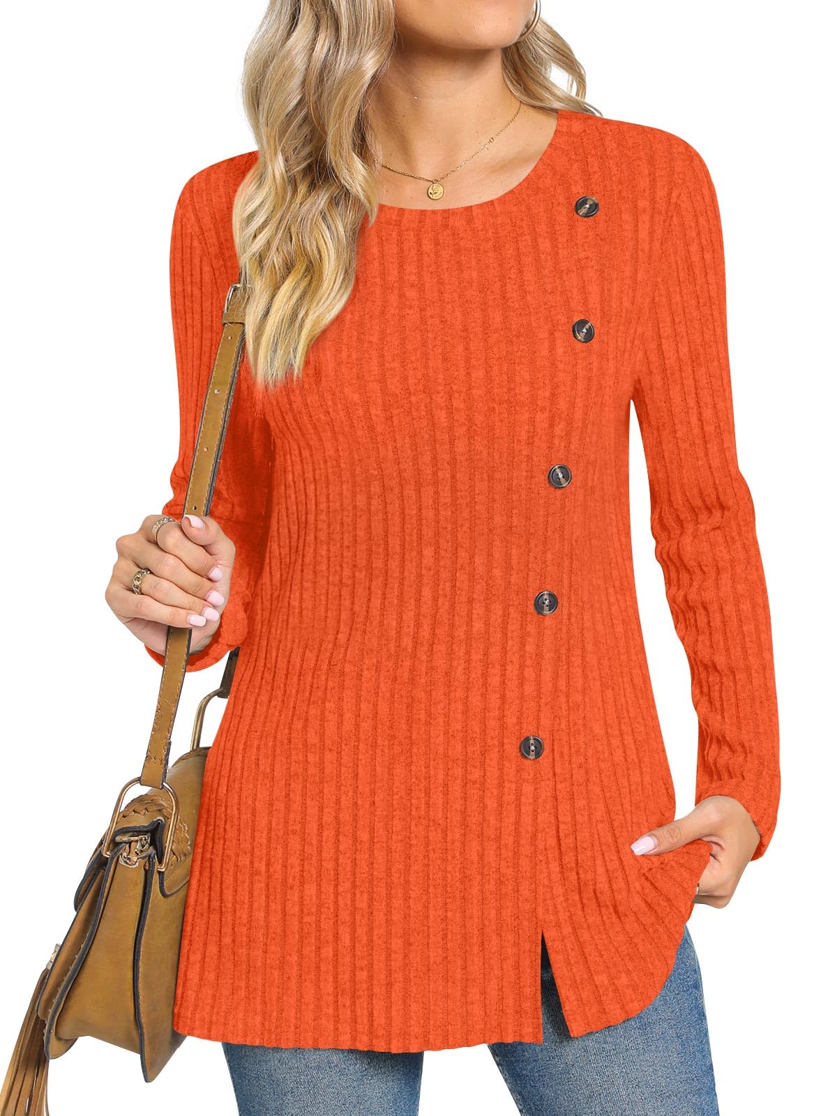 TAOHUADAO Women's Long Sleeve Jumpers Crewneck Tunic Tops with Button Sides Loose Casual Fall Sweater Shirts for Leggings