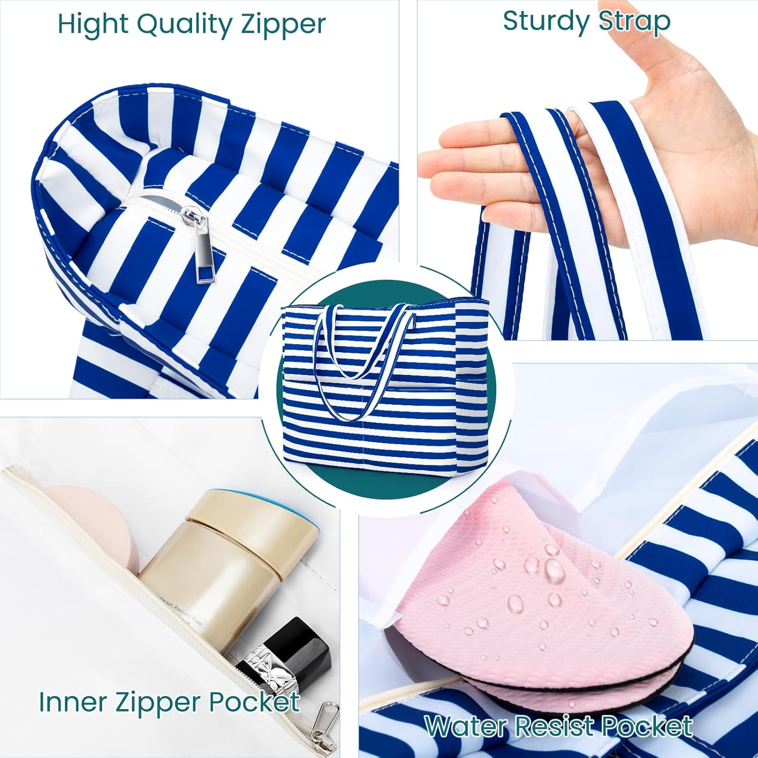 Iioscre Beach Bag for Women, Large Beach Tote Bag with Zipper Pockets, Waterproof Sandproof Swim Bag Pool Vacation Travel - Image 5