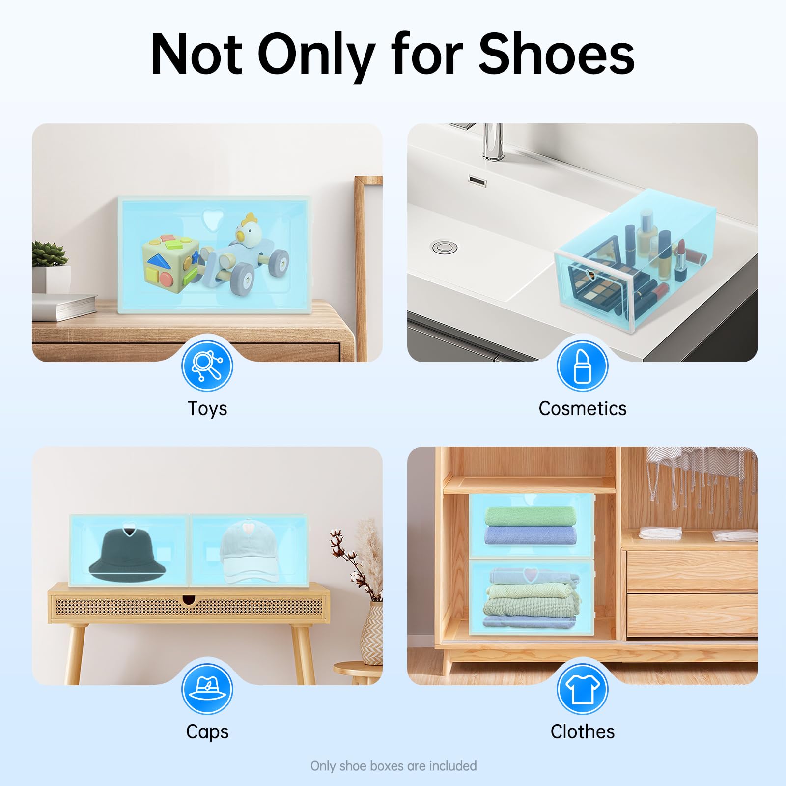 20 scatole per scarpe Flip-Top, trasparenti, impilabili con manico a cuore, 23 x 33 x 14 cm, salvaspazio e antipolvere, per scarpiere, camera da letto, guardaroba, ripostigli, blu