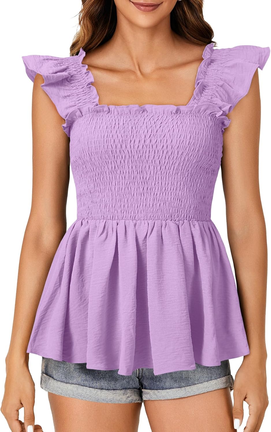 LYANER Women's Square Neck Ruffle Cap Sleeve Smocked Peplum Top Babydoll Shirred Blouse Tank - Image 2