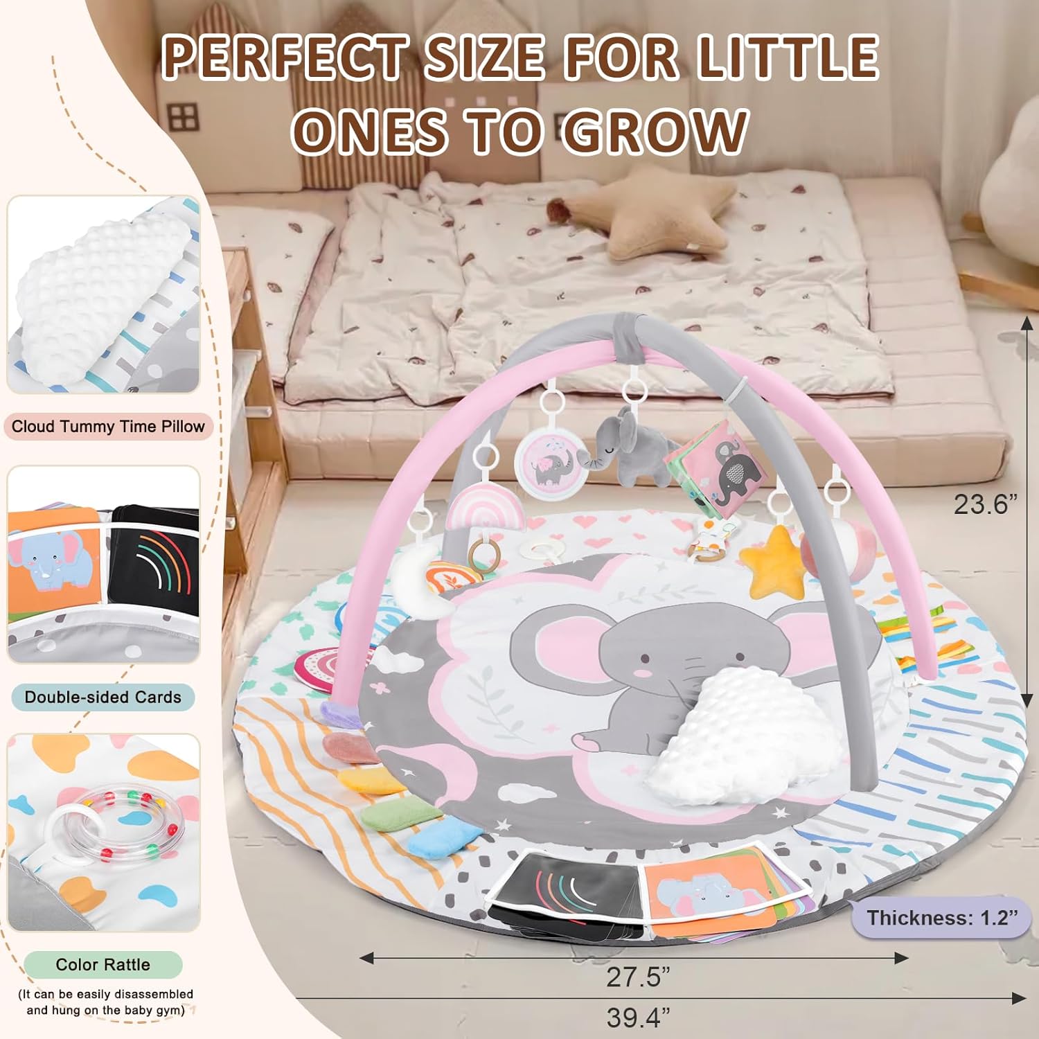 Baby Play Gym & Activity Mat, 4-in-1 Tummy Time Mat with Support Pillow, 7 Detachable Sensory Toys & Educational Cards for Motor Skills Development, Newborn Essentials Shower Gift, Pink Elephant