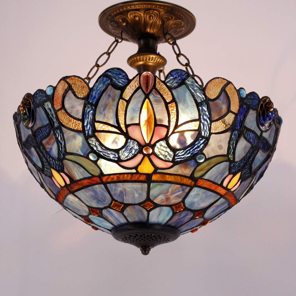 WERFACTORY Tiffany Ceiling Light Fixture Blue Purple Cloudy Stained Glass Semi Flush Mount Lamp Wide 16 Inch Height 15 Inch Tiffany Ceiling Lamp S558 Series