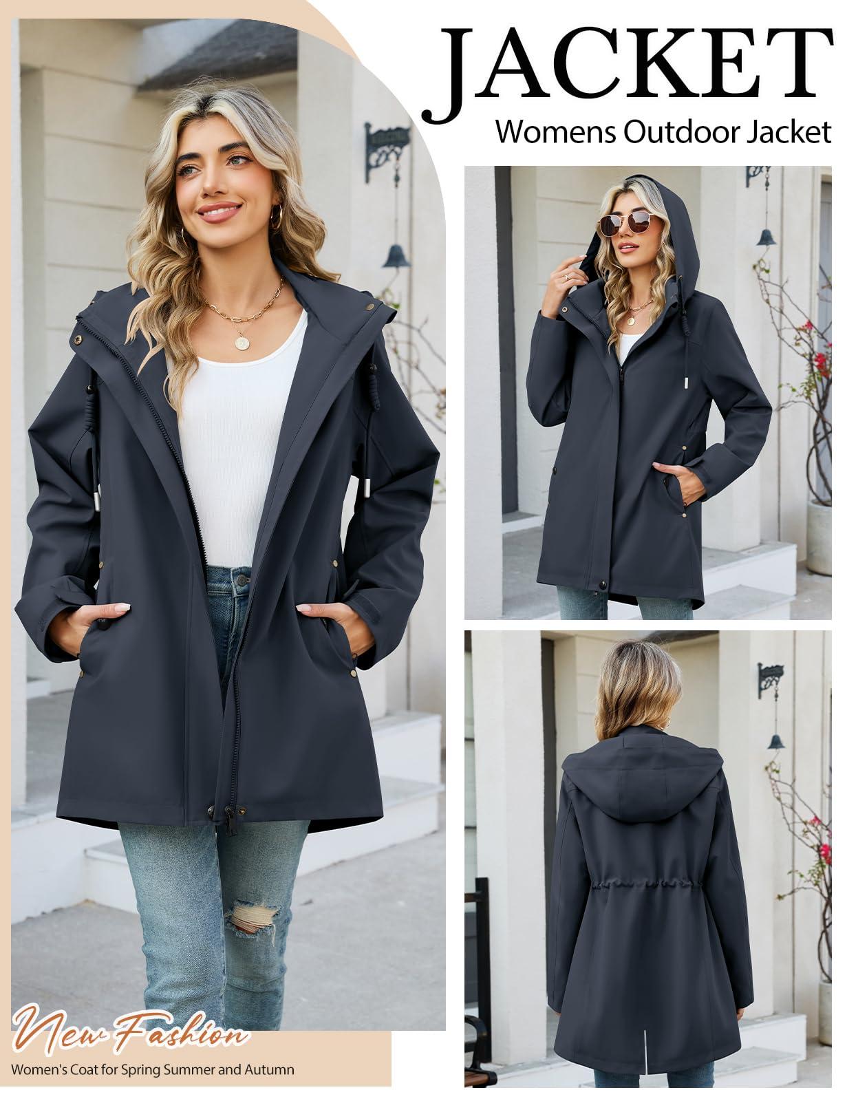 CMTOP Giacca Donna Softshell Impermeabile Antivento, Giacca Mezza Stagione Lungo con Tasche, Primavera Autunno Outdoor Parka Cappotto, Giacche Giubbotto con Cappuccio Removibile