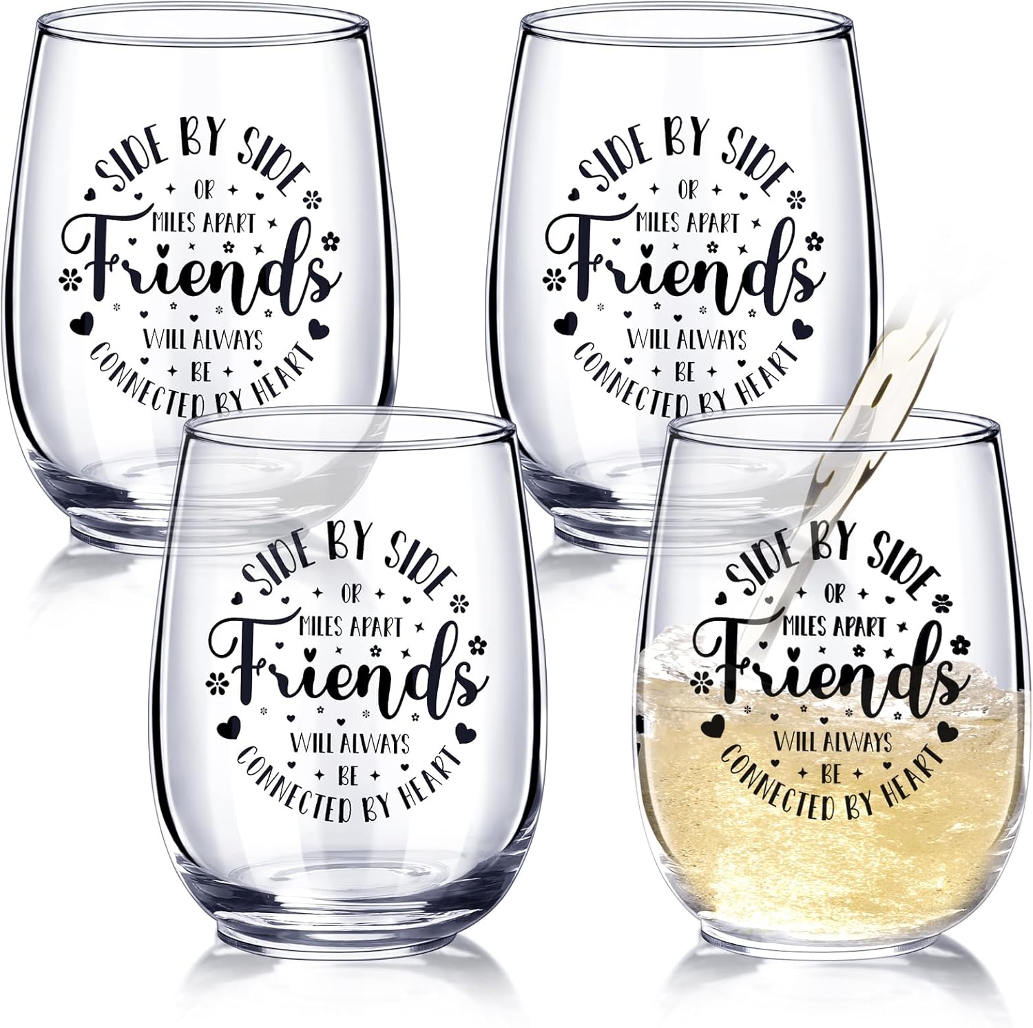 Irenare 4 Pcs 15 oz Friends Wine Glasses Set, Friend Friendship Gifts for Women Friends, Stemless Wine Glasses for Birthday Galentines Gift for Women, Sister, Mom, Grandma, Nana, Her