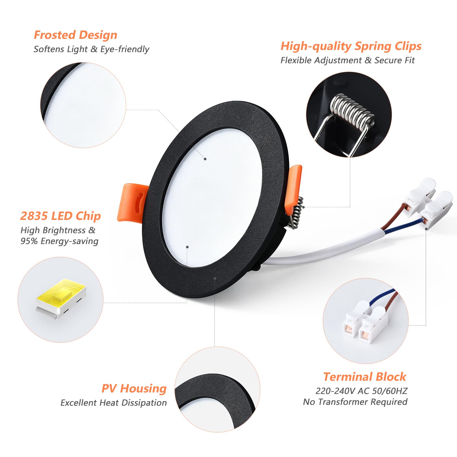 YindaLux Foco Empotrable LED 230V, Regulable, 5W 2700K, Negros, 6 Pack