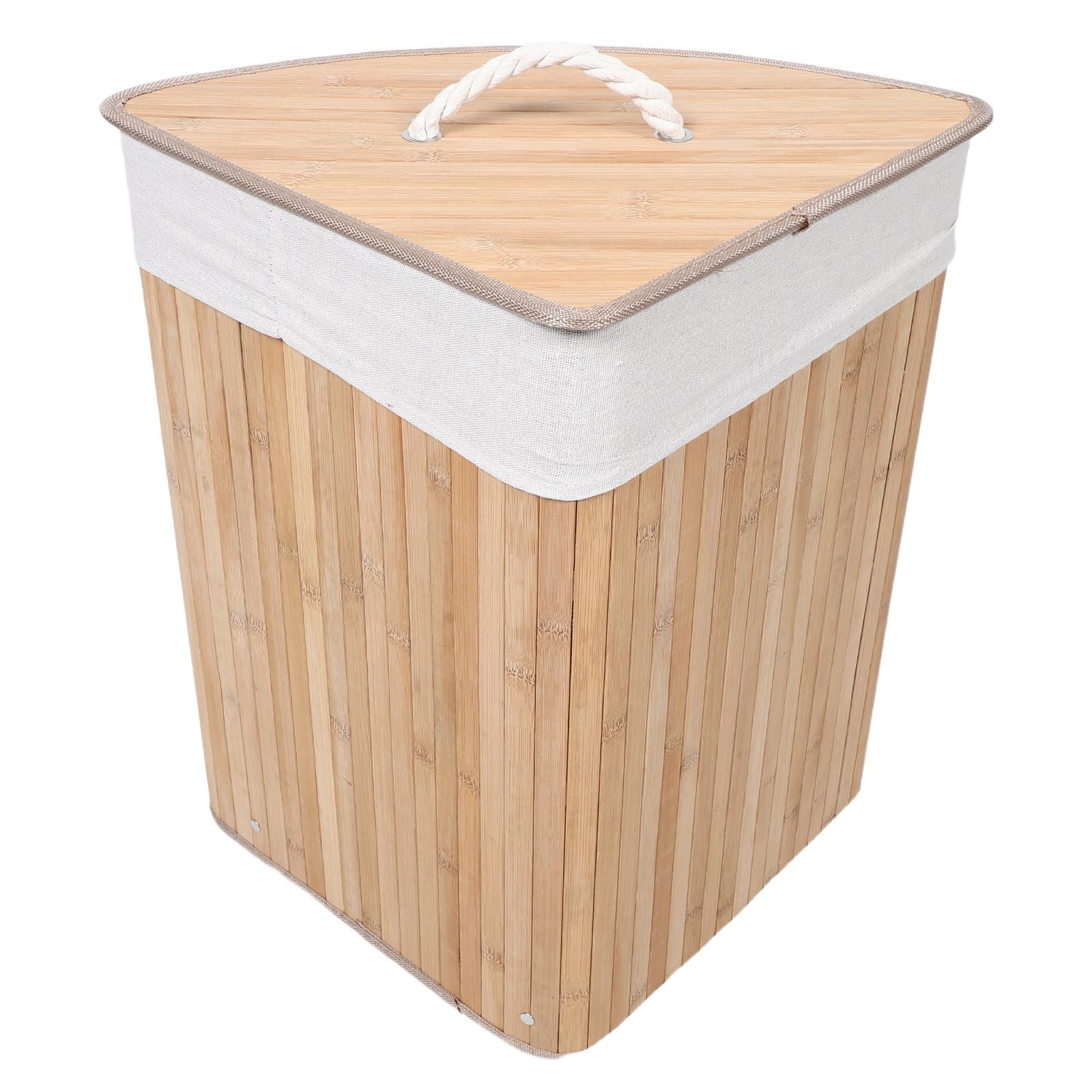 Cesto de Ropa Triangular de Bambú con Tapa y Asa, Beige