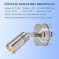 Vista 4 de THALASSA Lámpara de lectura LED interior de RV de 12V con puerto USB de 5V - Interruptor táctil integrado, brillo regulable, montaje en superficie