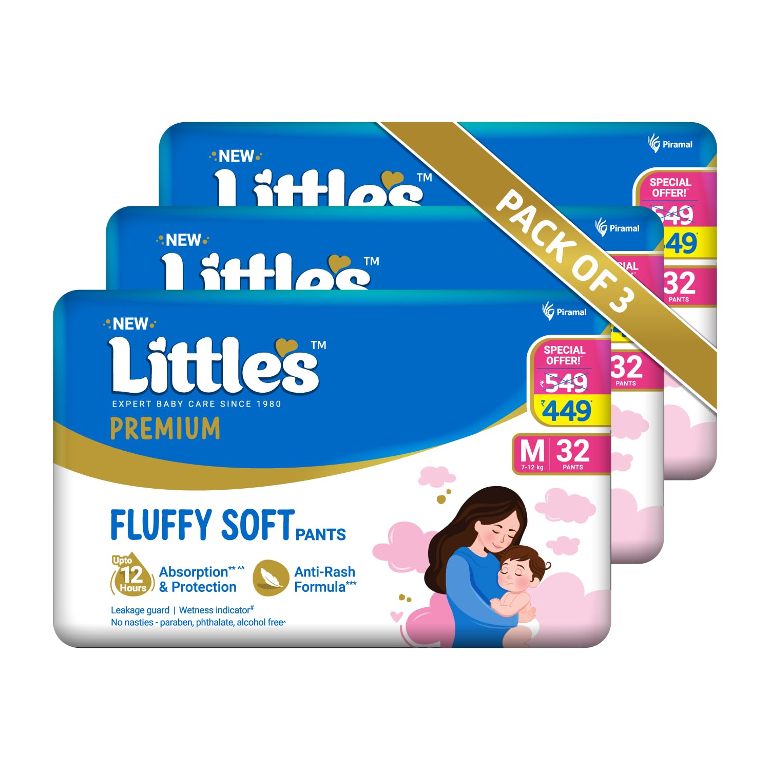 Little's Baby Diapers M Size (Medium) Pants Style | 7-12 kg | 96 Count - Pack of 3 | CottonSoft Baby Diaper with Leakage Guard, Wetness Indicator & 12 Hours Absorption-image-24