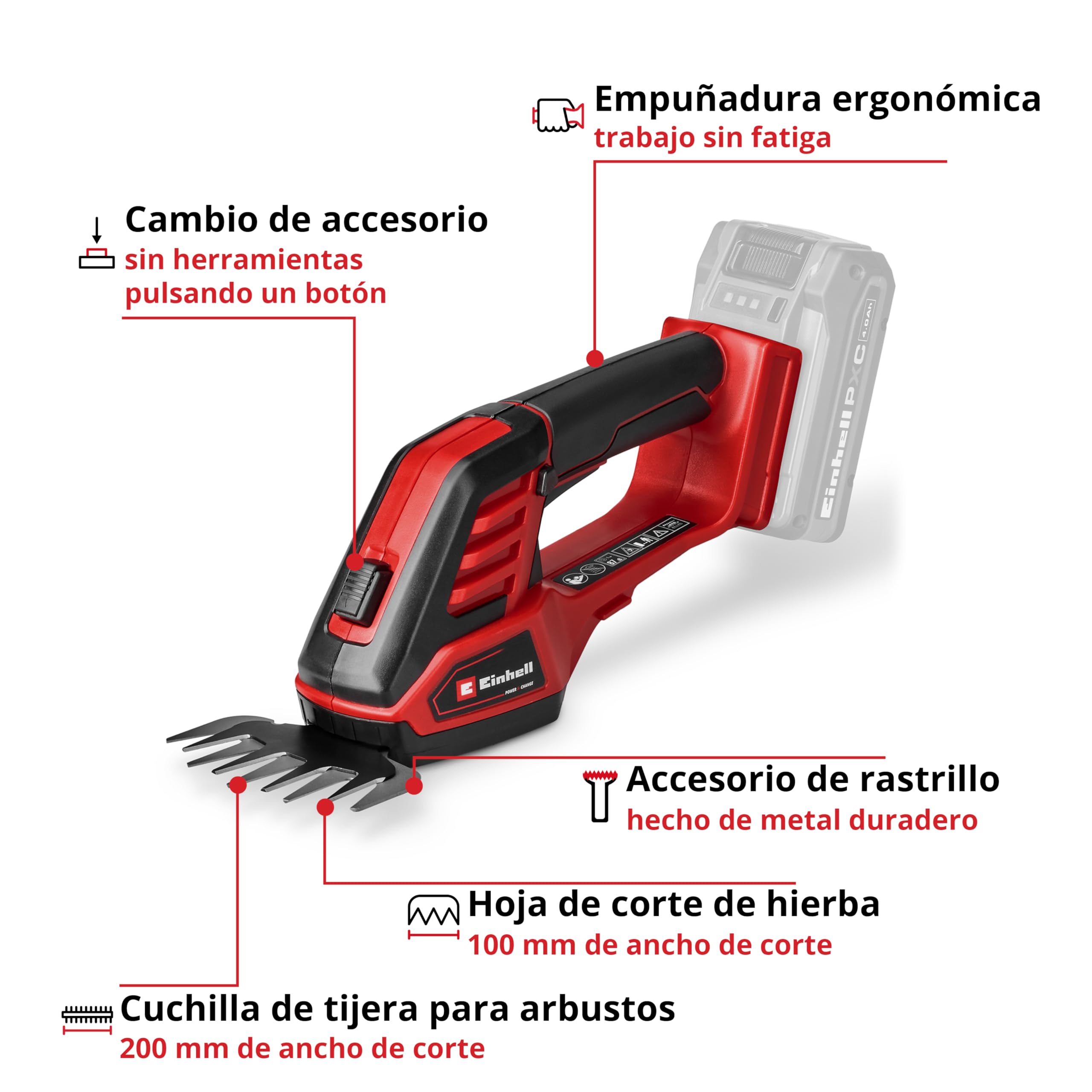 Einhell Tijeras de Hierba/arbustos con batería GE-CG 18/100 Li - 3 en 1-Solo Power X-Change (18 V, Incl. Cuchillas de Hierba 100 mm, de arbustos de 200 mm, Accesorio para rastrillo, sin batería)