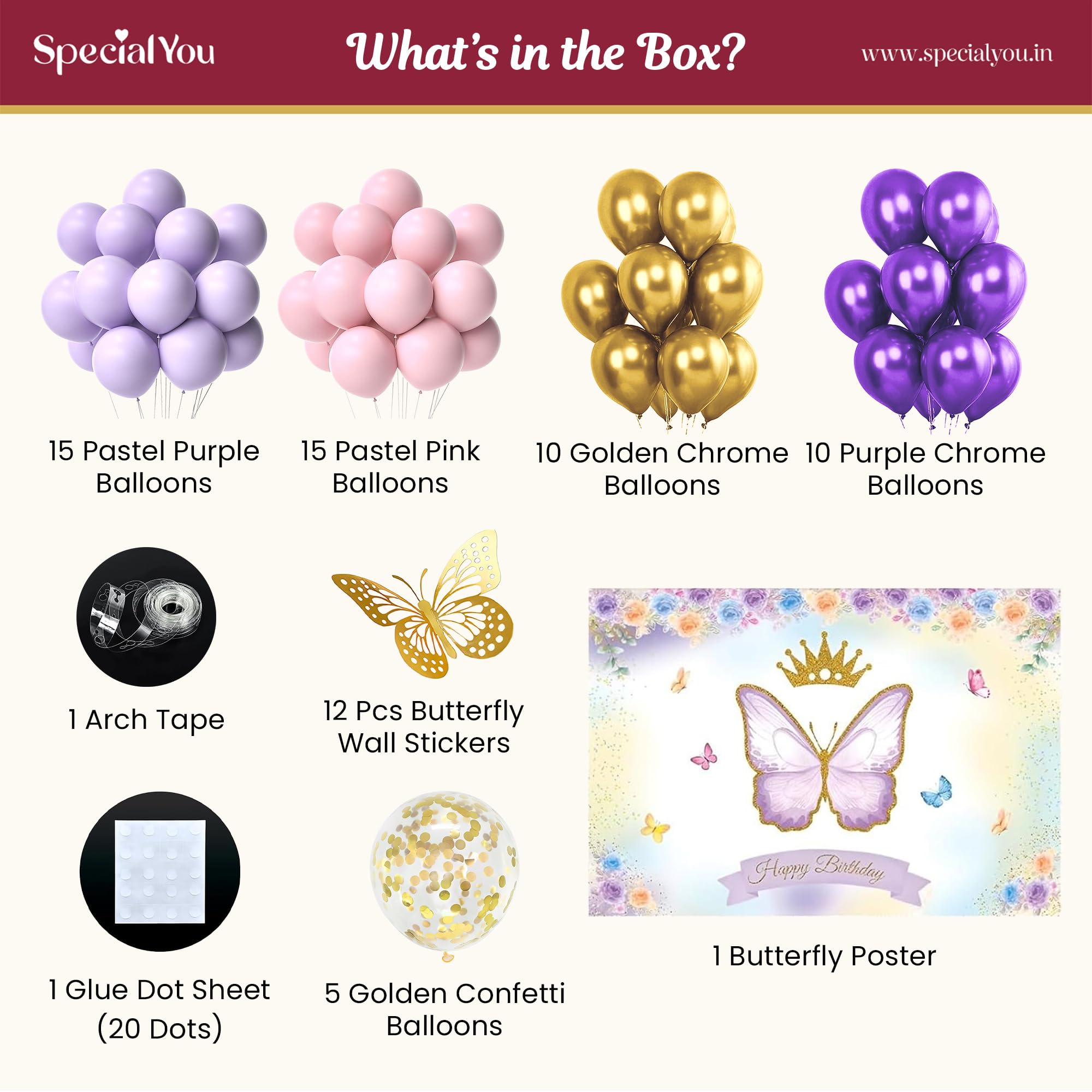 SpecialYou.in Rubber Butterfly Theme Birthday Party Decorations-70Pcs, Butterfly Poster, Pastel Balloons For Decoration, Happy Birthday Decoration Kit For Girls, Balloons For Decor Items