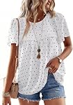 Falechay Femmes Été Hauts Col rond Chemises manches courtes Casual Mousseline Blouses de dentelle fluide Hem Boho Vêtements tendance 2026