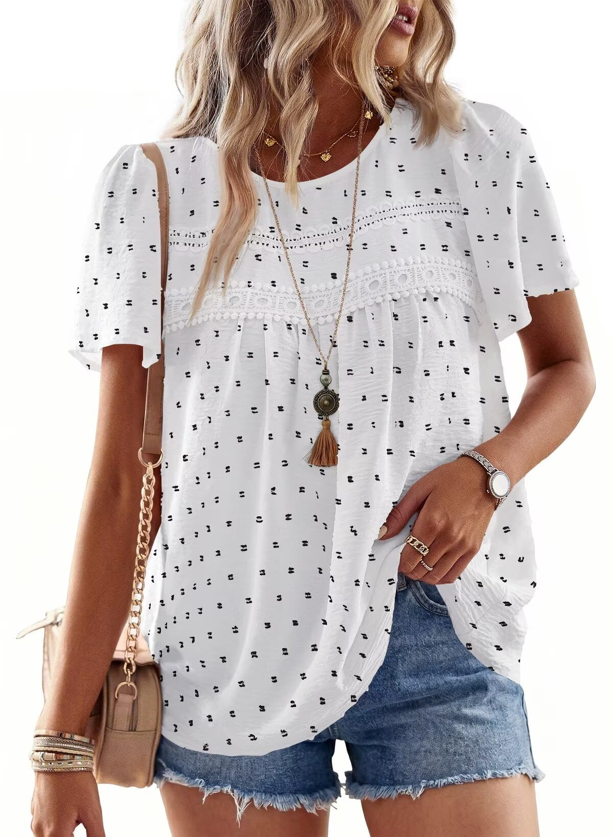 Falechay Womens Summer Tops Flowy Boho Shirts Dressy Casual Short Sleeve