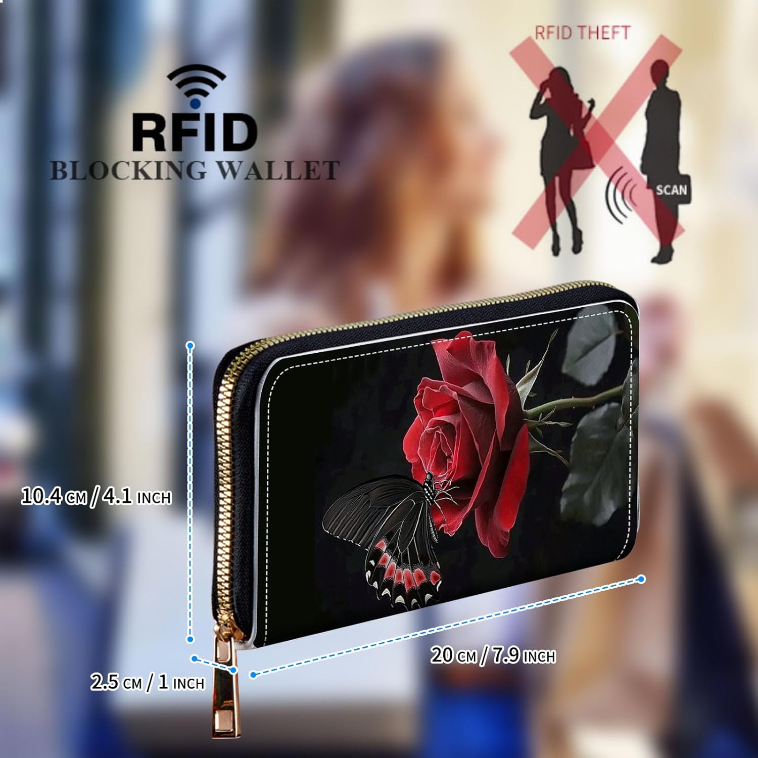 Womens Wallet, Large Capacity RFID Blocking PU Leather Wristlet Wallets for Women Ladies Men Credit Card Holder Zipper Wallet Phone Holder Clutch Travel Purse, Rose Butterfly - Image 2