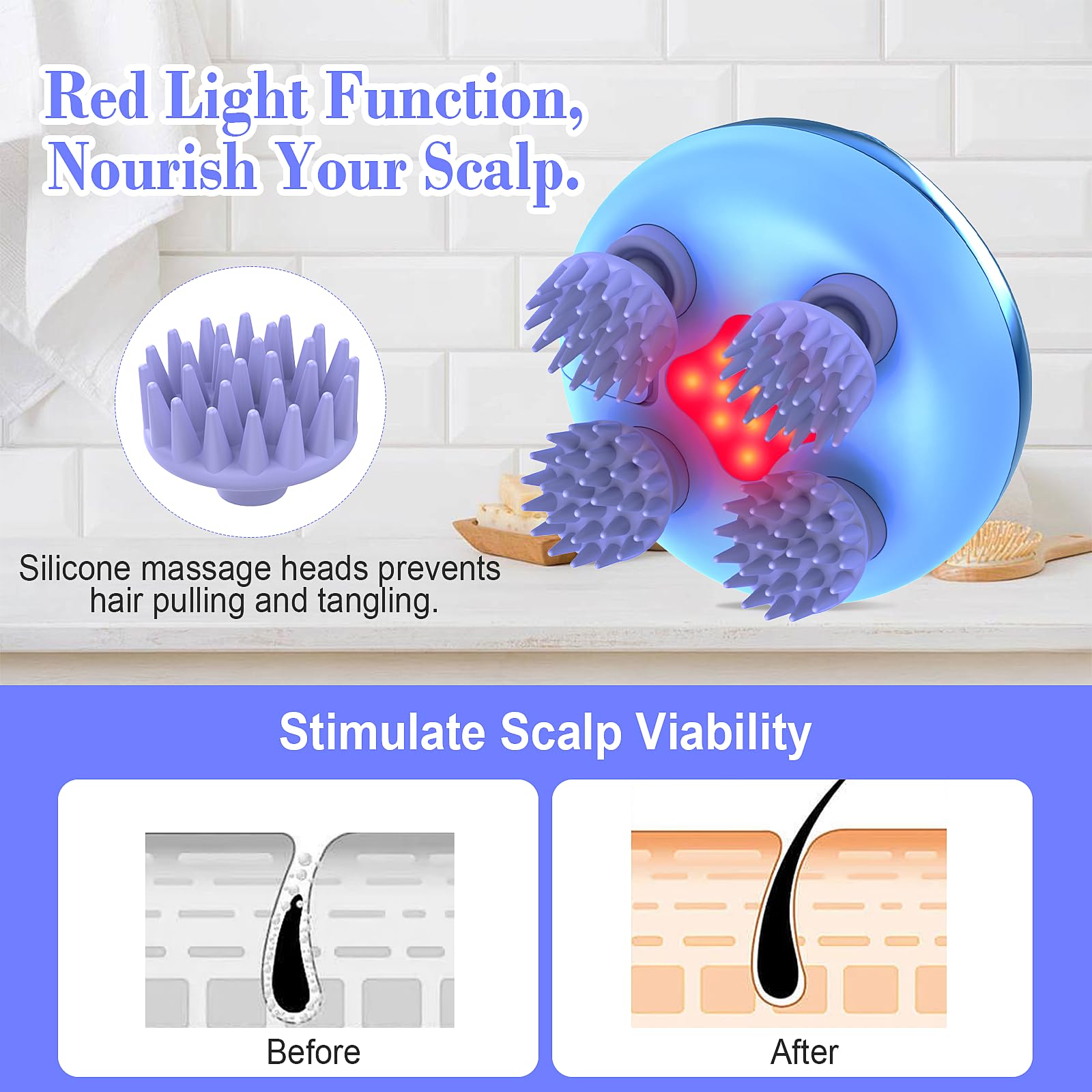 HuBeiChuangXiang Massaggiatore Cuoio Capelluto e Corpo Elettrico Massaggiatore Testa Ricaricabile Impermeabile IPX7 con 8 Silicone Massaggi e 3 modalità per la Crescita dei Capelli, Regalo