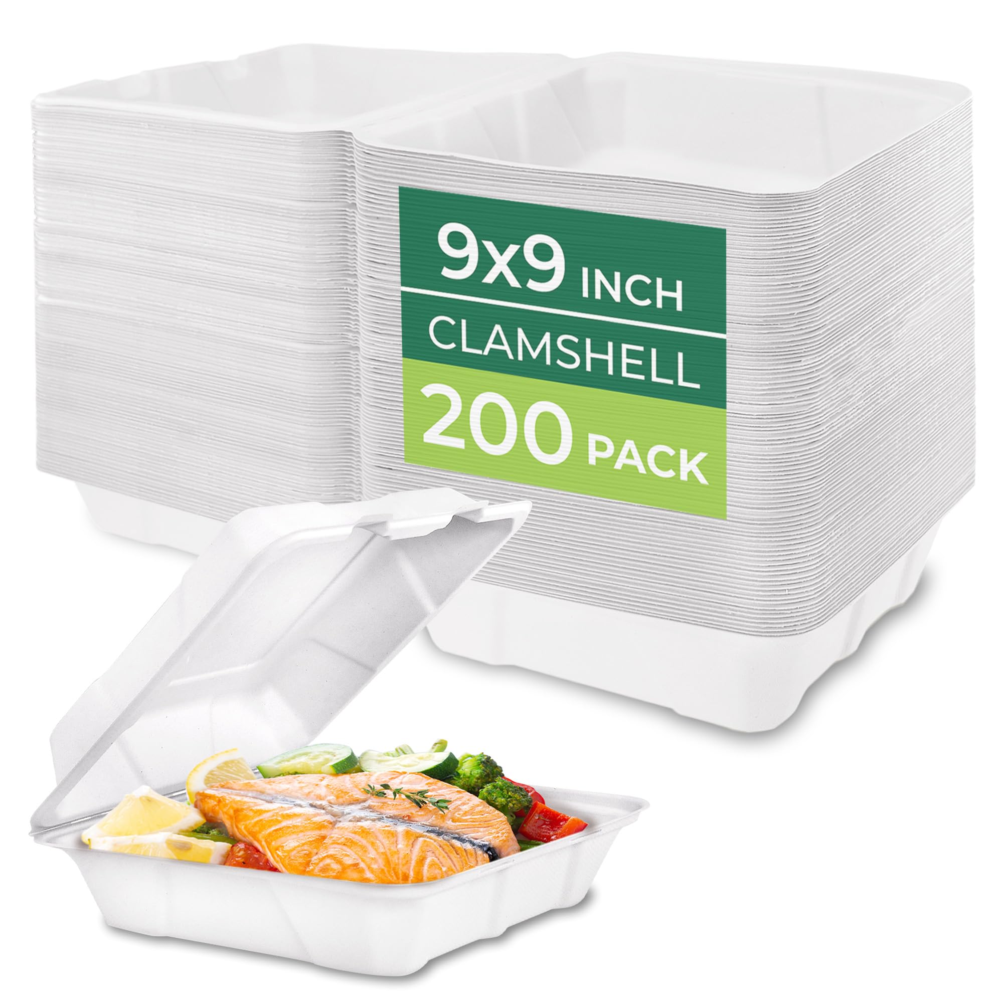 Freshware Clamshell Take Out Food Containers with Lids [9x9 200-Pack] Disposable To Go Containers, Biodegradable Sugarcane To Go Boxes - Paper Food Container - Microwave &amp; Freezer Safe, Stackable