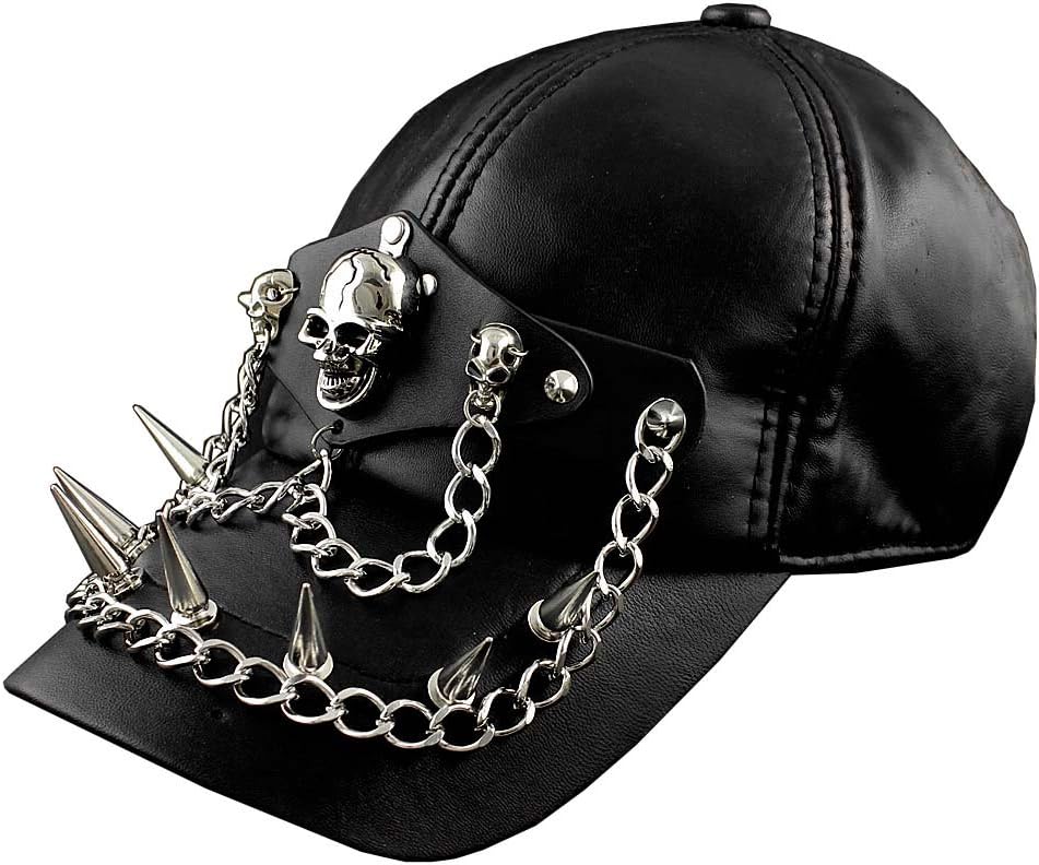 Cool Spike Goth Skull Real Leather Cap Bassbal Hat Men's Biker Punk Rock Black