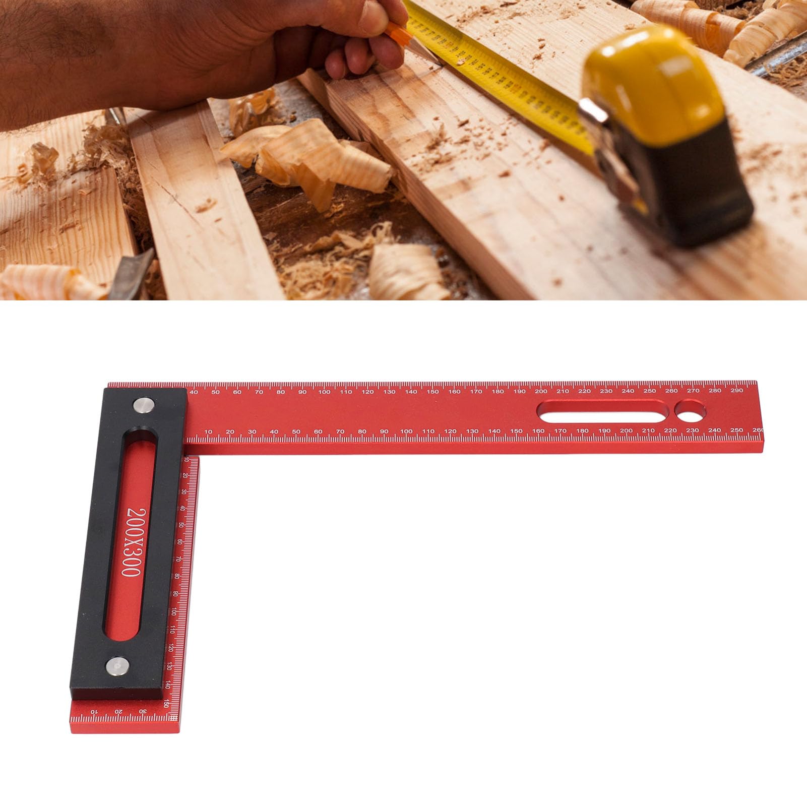 Squadra da carpenteria, Squadra per lavorazione del legno in scala trasparente, Squadra da carpenteria in lega di alluminio a forma di L 300x200 mm con guida di arresto