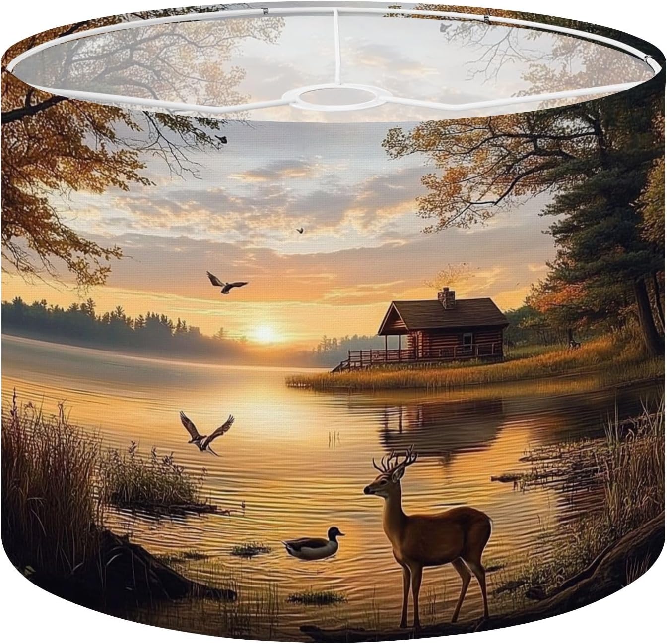 Lamp Shade Animal Deer Vintage Rustic Duck Cabin Sunset Lake Realistic Painting Drum Lampshades for Floor Lamps Table Lamps 13"x13"x10" Medium Replacement Linen Lamp Shade Easy Assembly