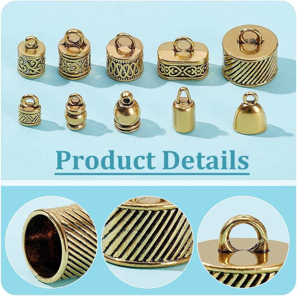 PH PandaHall 100Pcs 10 Styles Cord End Cap Alloy Leather Cord End Tibetan Style Cap Metal Bead Tube Barrel Loop Clasp for Earring Bracelet Jewelry DIY Craft Making Antique Golden
