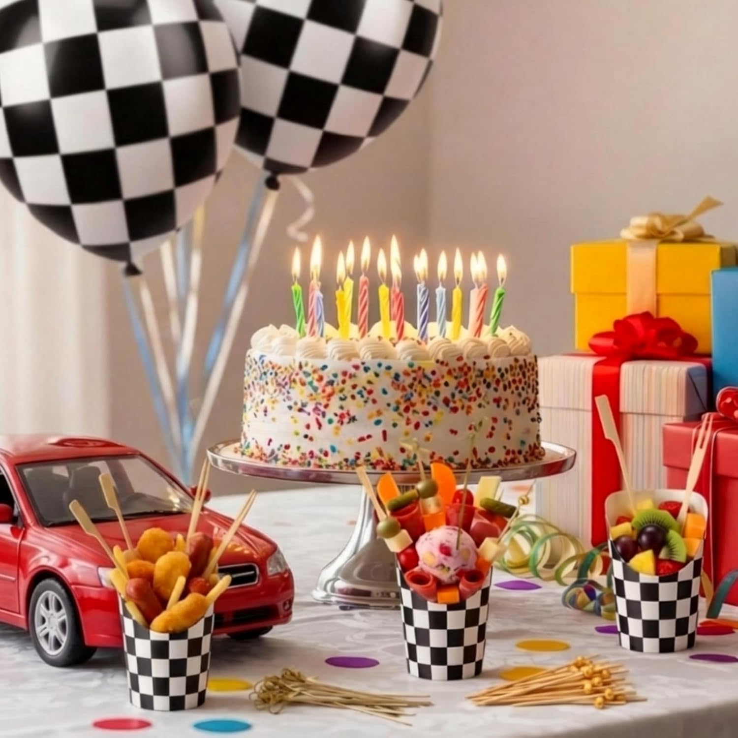 Qinyoung 250 Pcs Checkered Charcuterie Cups with Cocktail Picks 50 Black and White Racing Party Paper Cups and 200 Sticks Disposable for Race Car Birthday Party Supplies