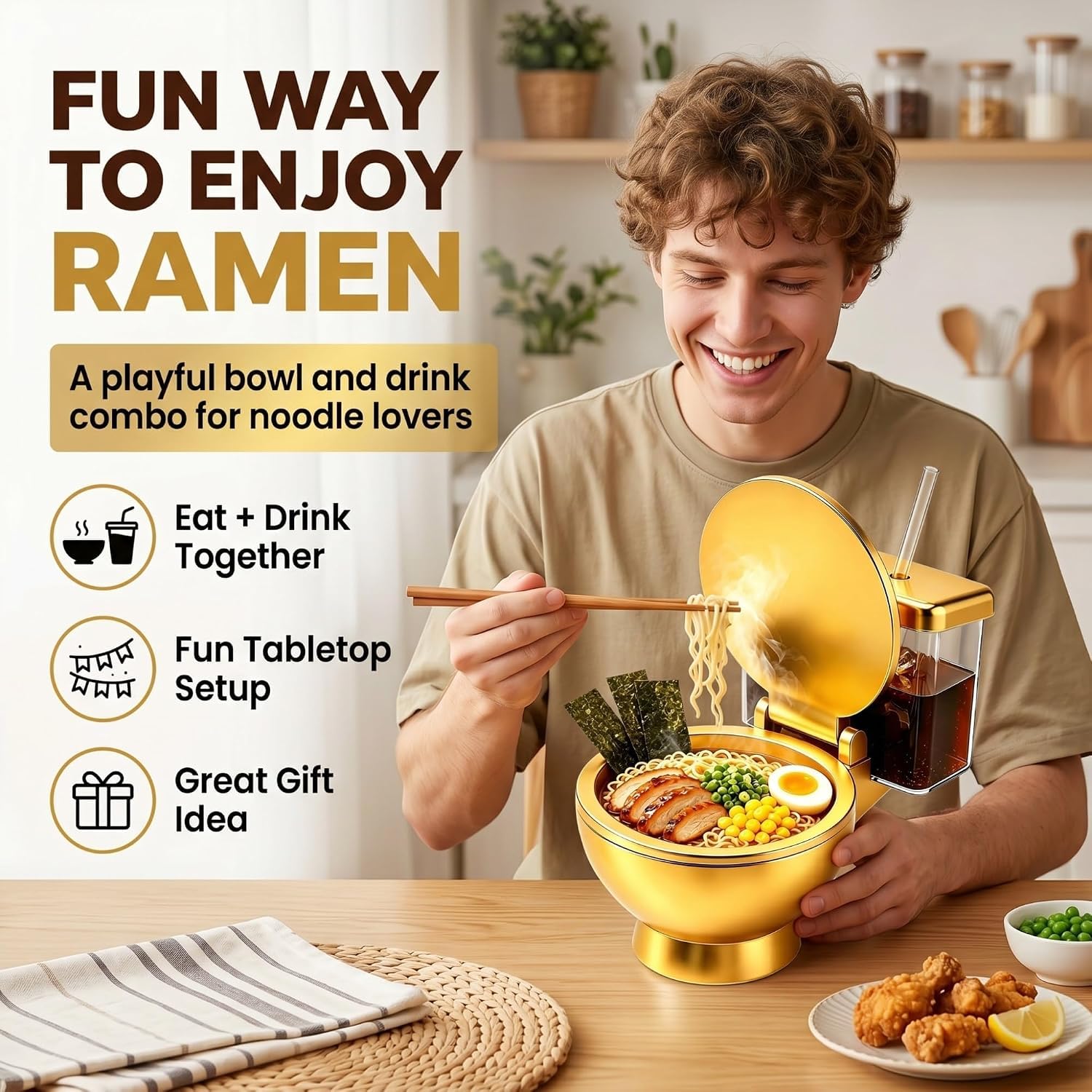 Lot de 2 bols à ramen de toilettes avec tasse et paille intégrées, ensemble de bols à ramen en forme de toilettes, bols à nouilles réutilisables et boissons pour nouilles instantanées, cadeau amusant
