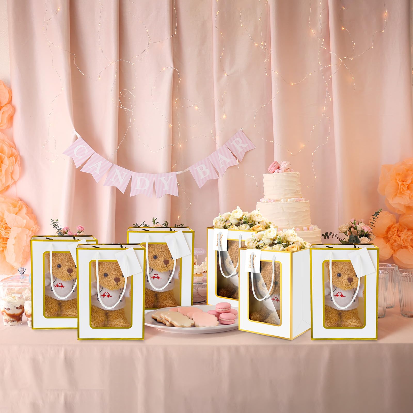 12-Pack White Gift Bags With Window - 7.09x5.12x9.84 Inch Cardboard Bags With Handles & Cards