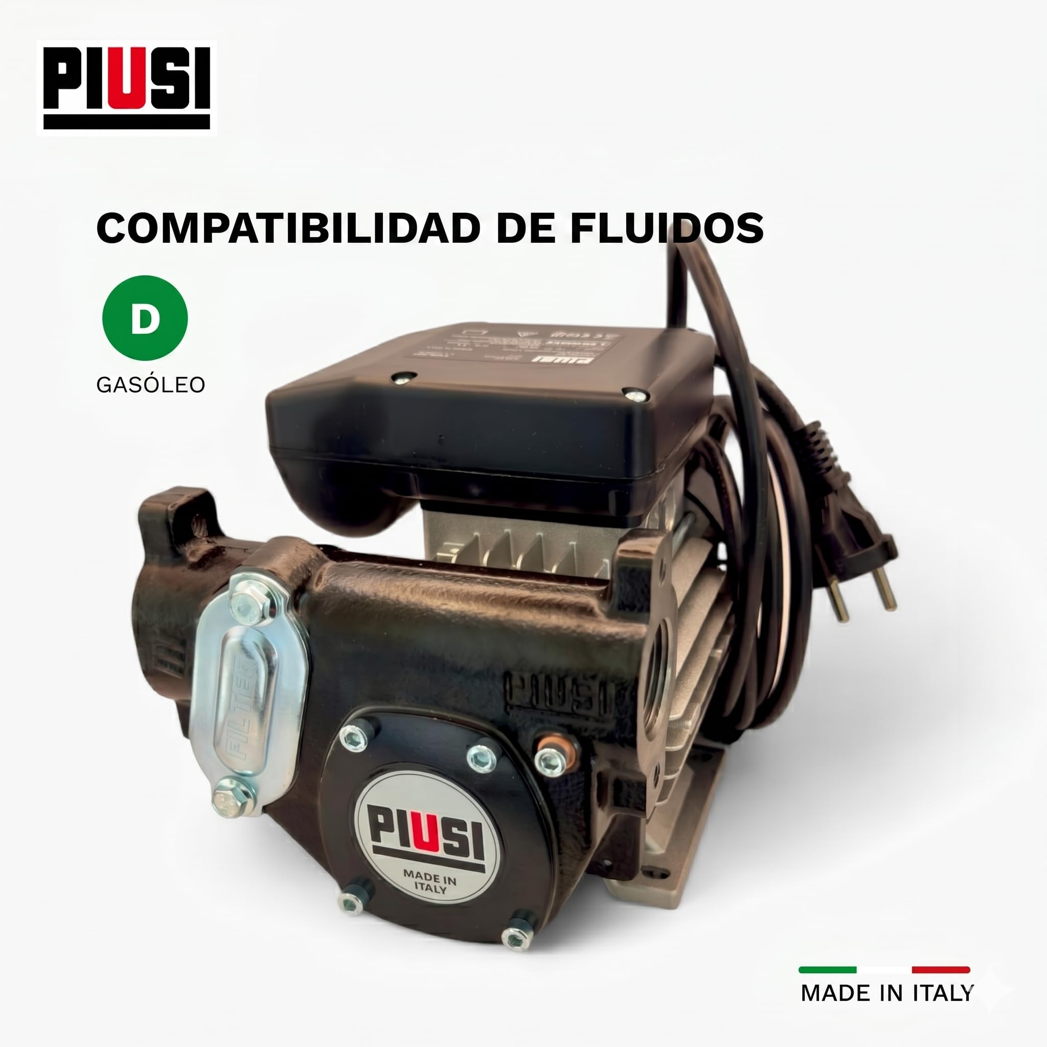 PIUSI Bomba Eléctrica Autocebante para Diésel, Caudal 56 l/min, Alimentación 230V/60Hz, Operación Continua, Conexión 1" BSP, Válvula de Bypass Integrada | Panther 56 000731000