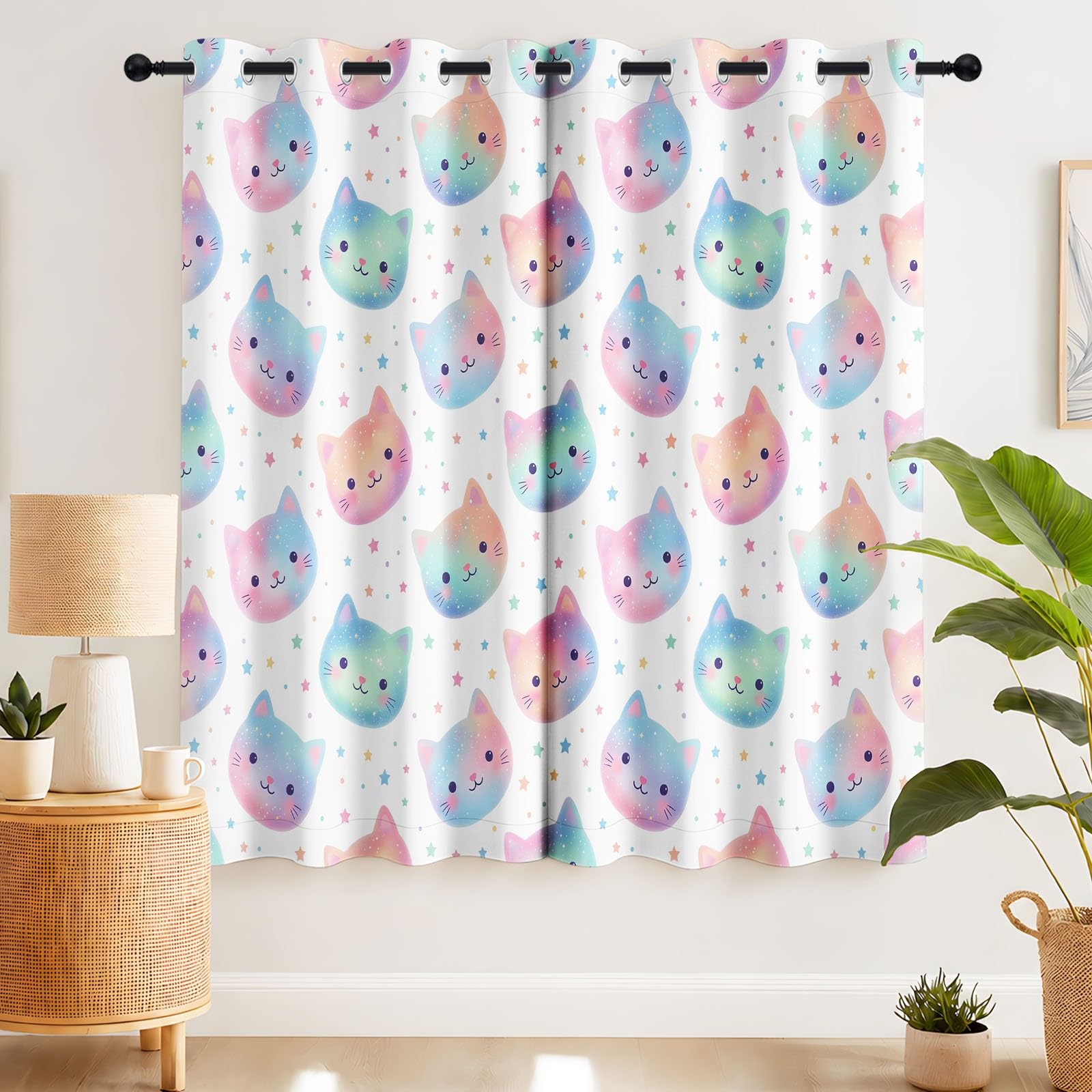 Cortina opaca con diseño de dibujos animados de ensueño con diseño de gato y lunares, arco iris, reducción de ruido, cortinas opacas con ojales, para salón, dormitorio, habitación infantil, decoración