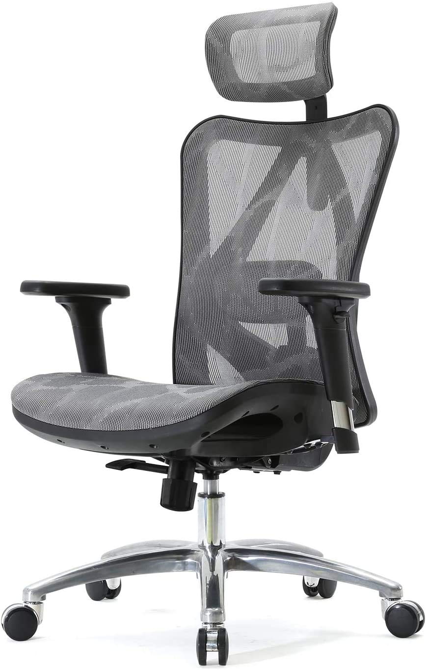 SIHOO Ergonomic Adjustable Office Chair with 3D Arm Rests and Lumbar Support - High Back with Breathable Mesh - Mesh Seat Cushion - Adjustable Head & Reclines Grey