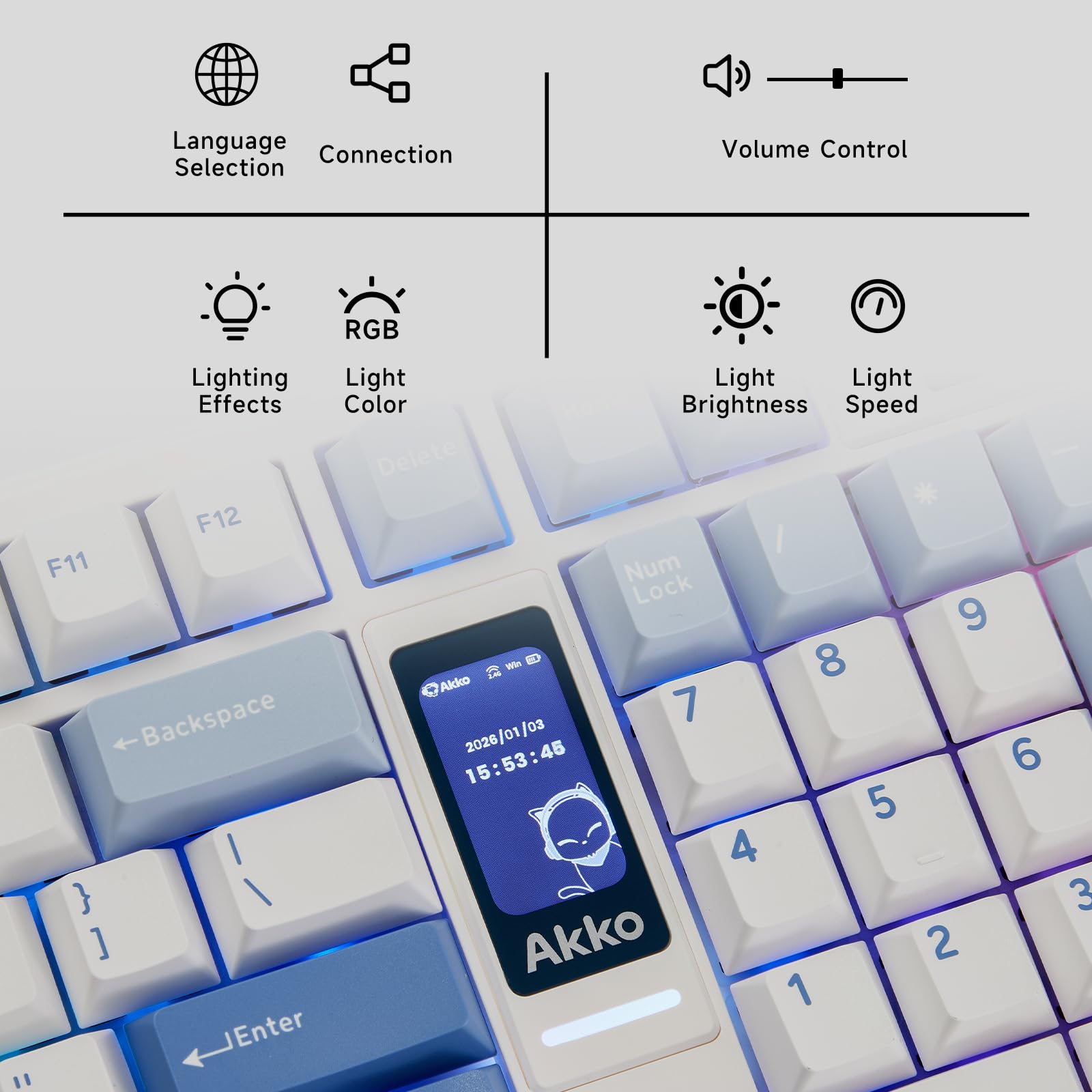 Akko 5098B Tastiera da gioco wireless con schermo, tastiera meccanica sostituibile a caldo con rotella di scorrimento, tastierino numerico, tastiera con guarnizione RGB, interruttore pre-lubrificato