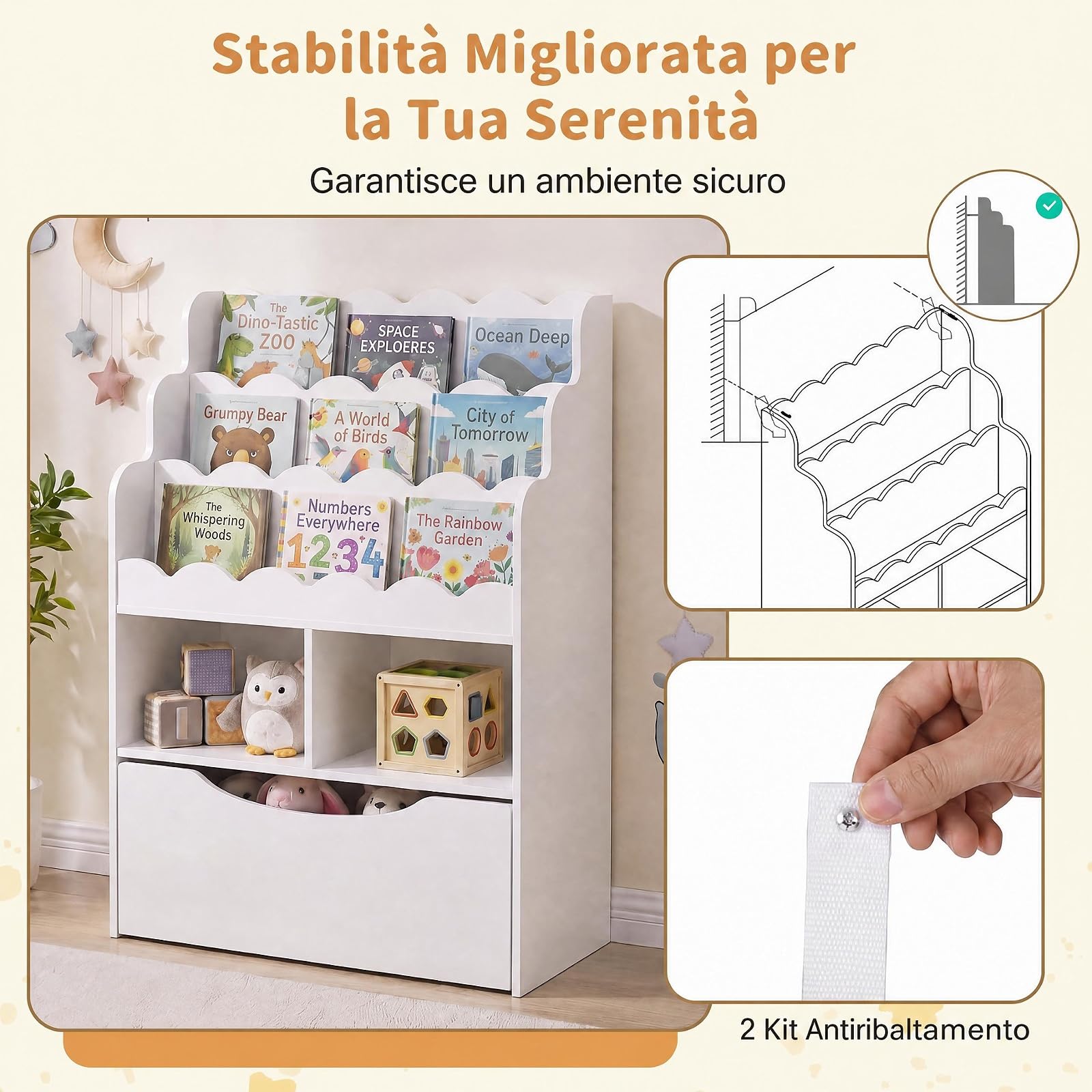 RELAX4LIFE Libreria Montessori per Bambini in Legno con Rotelle (Bianco)