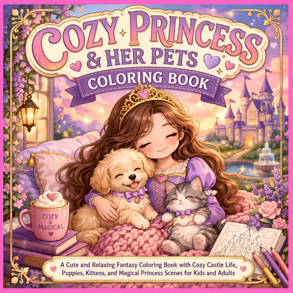 Cozy Princess & Her Pets Coloring Book: A Cute and Relaxing Fantasy Coloring Book with Cozy Castle Life, Puppy & Kitten Scenes for Kids and Adults (Cozy Princess Coloring Collection)
