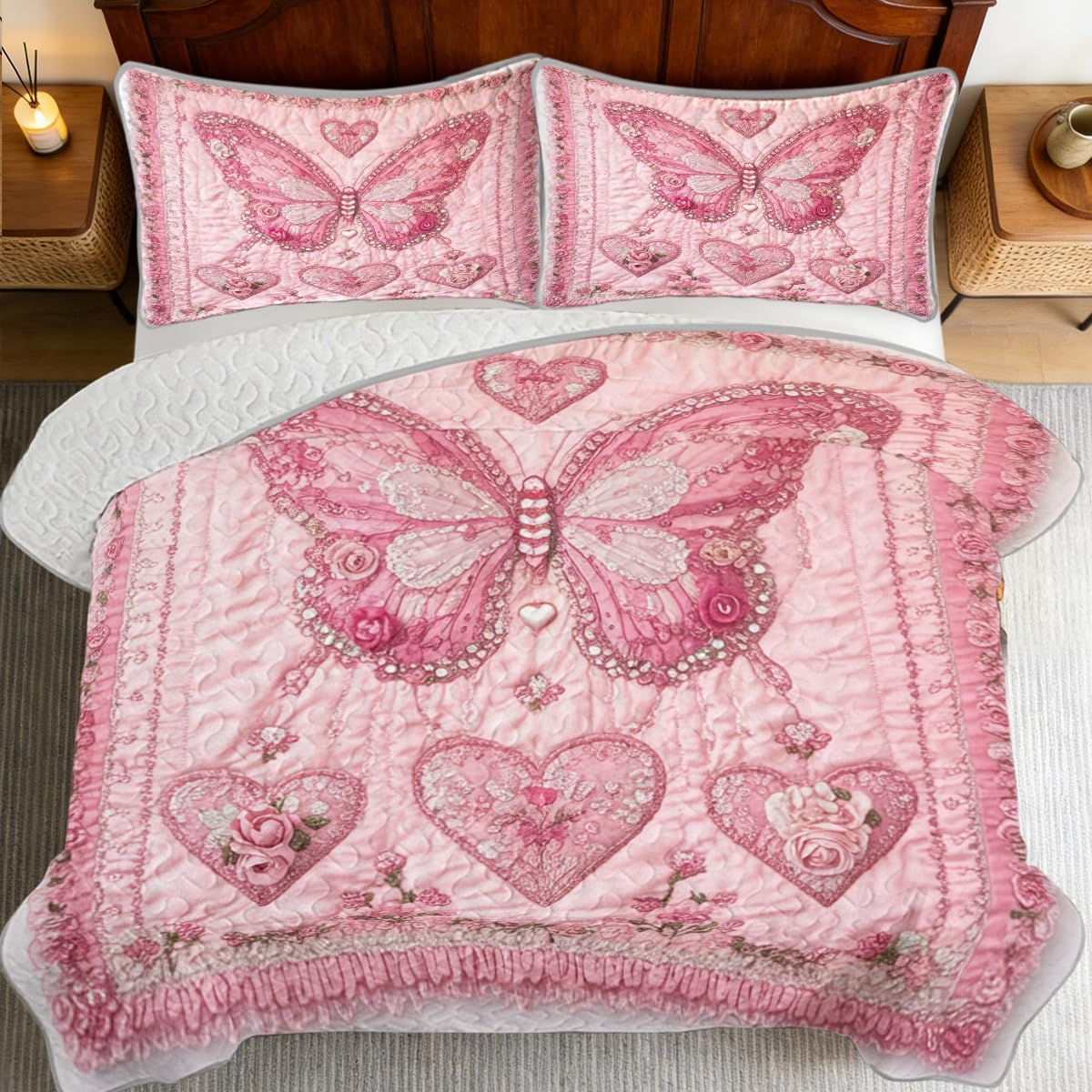 Pink Butterfly Quilt Set 3 Pieces for Girls Bedroom with Hearts and Floral Details Microfiber Lightweight Bedspread for Teen Princess Room Decor King Size