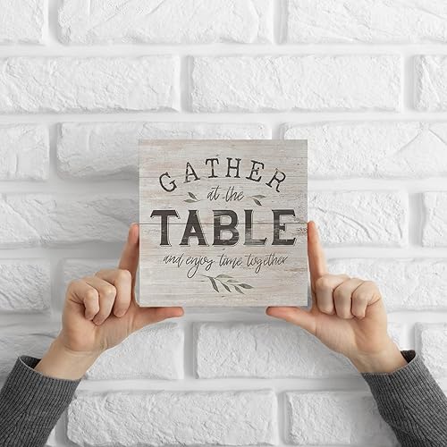 Vista 3 de Knibeo Letreros para decoración del hogar, reúnete en la mesa y disfruta del tiempo juntos, caja de madera, placa de bloque para el hogar, comedor