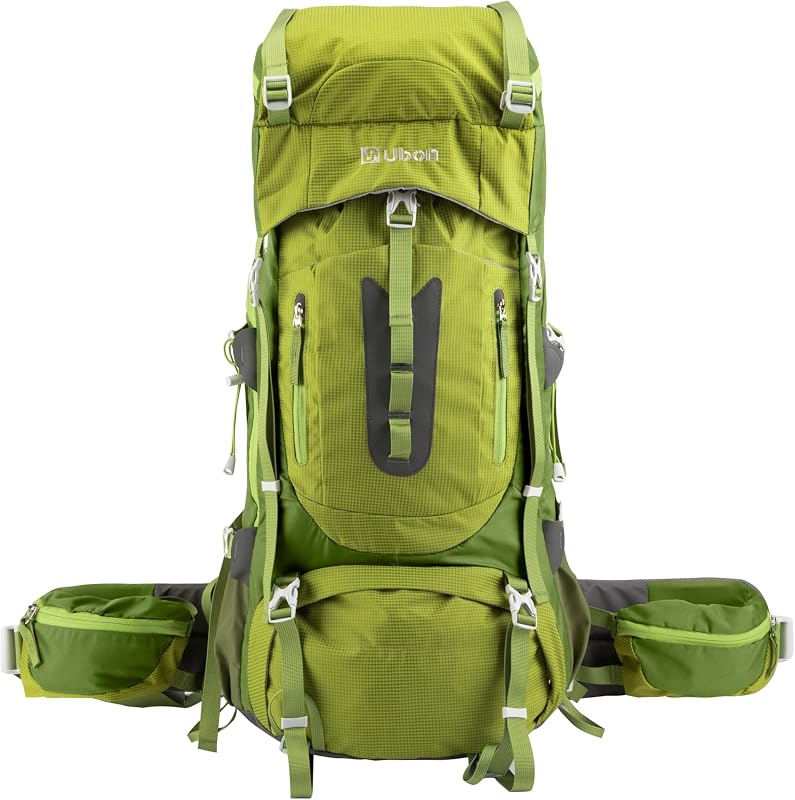 Mochila de senderismo con estructura interna Ubon de 60 L, cubierta para lluvia incluida | Mochila para acampar hecha de nailon 600d, ajuste de torso en 7 etapas, soporte de malla de aire, acceso lateral, presillas para postes, puerto de hidratación
