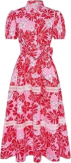 Women's 2026 Summer Floral Flowy Dresses Boho Tie Belt Short Puff Sleeve...