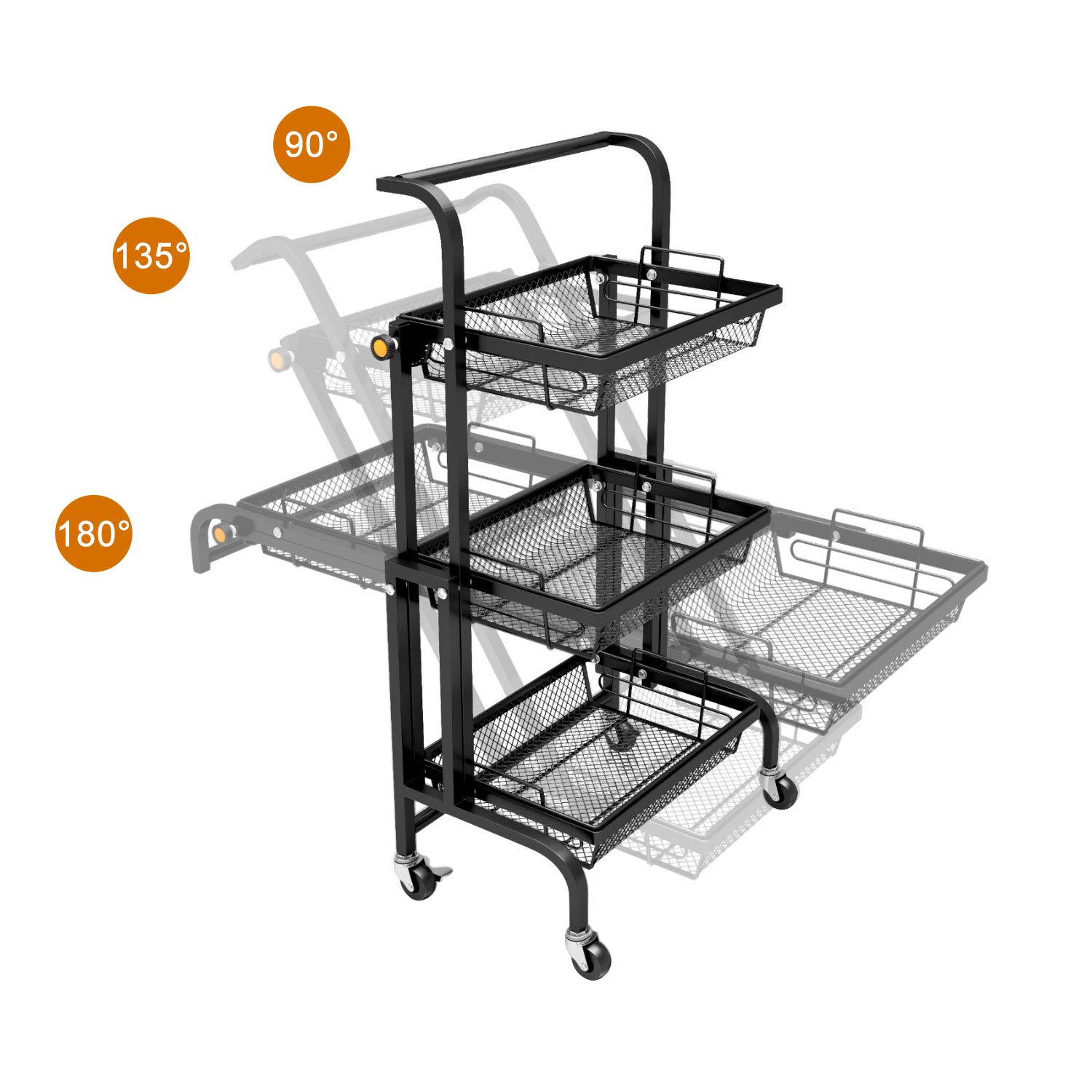 BEEY 3Tier Metal Utility Rolling Cart with Locking Wheels Black
