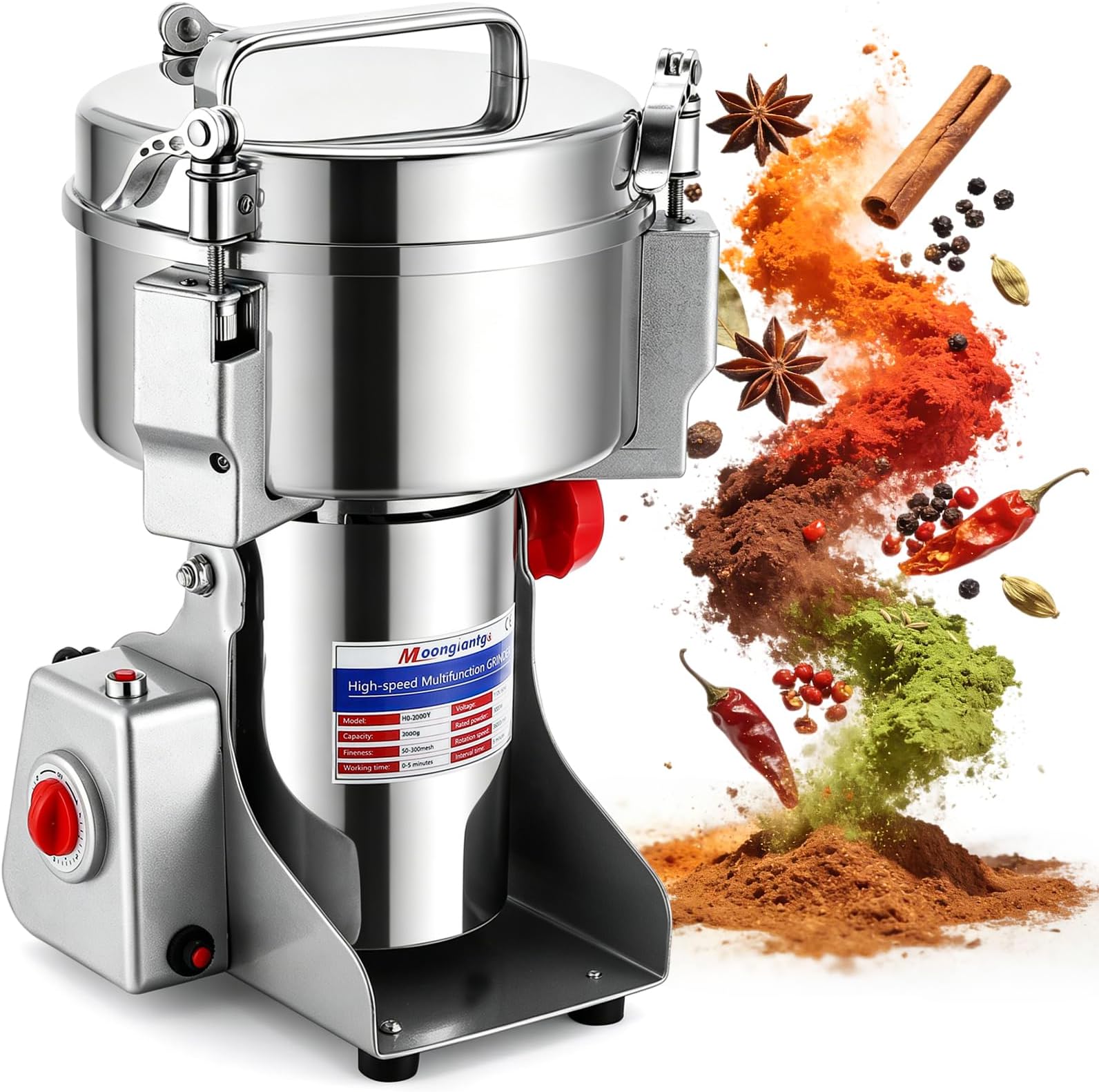 Moongiantgo 2000g Grain Mill Grinder Commercial Spice Grinder 3000W Stainless Steel Electric Pulverizer Dry Grinding Machine for Wheat Corn Rice Pepper Herbs Coffee Beans (2000g Swing, 110V)