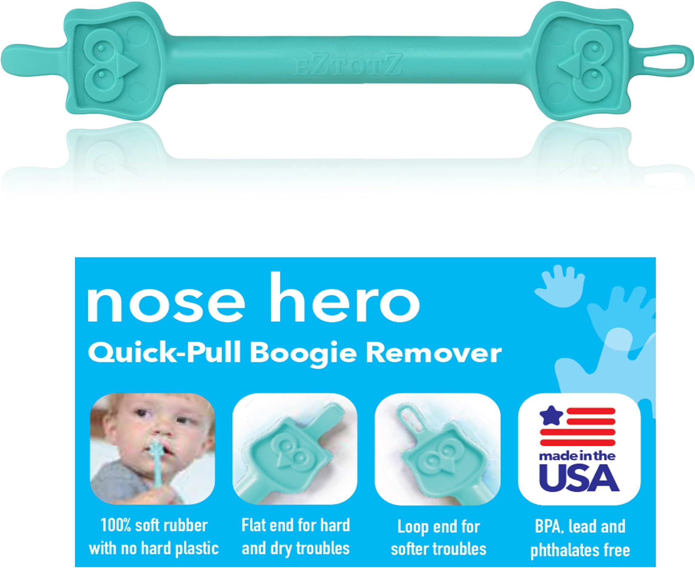 EZTOTZ Nose Hero Baby Nose Cleaner Gadget | 100% Soft Flexible Safety Rubber Tips for Infant's Ears and Nose Relief| Nasal Booger Remover and Snot Puller (Teal)