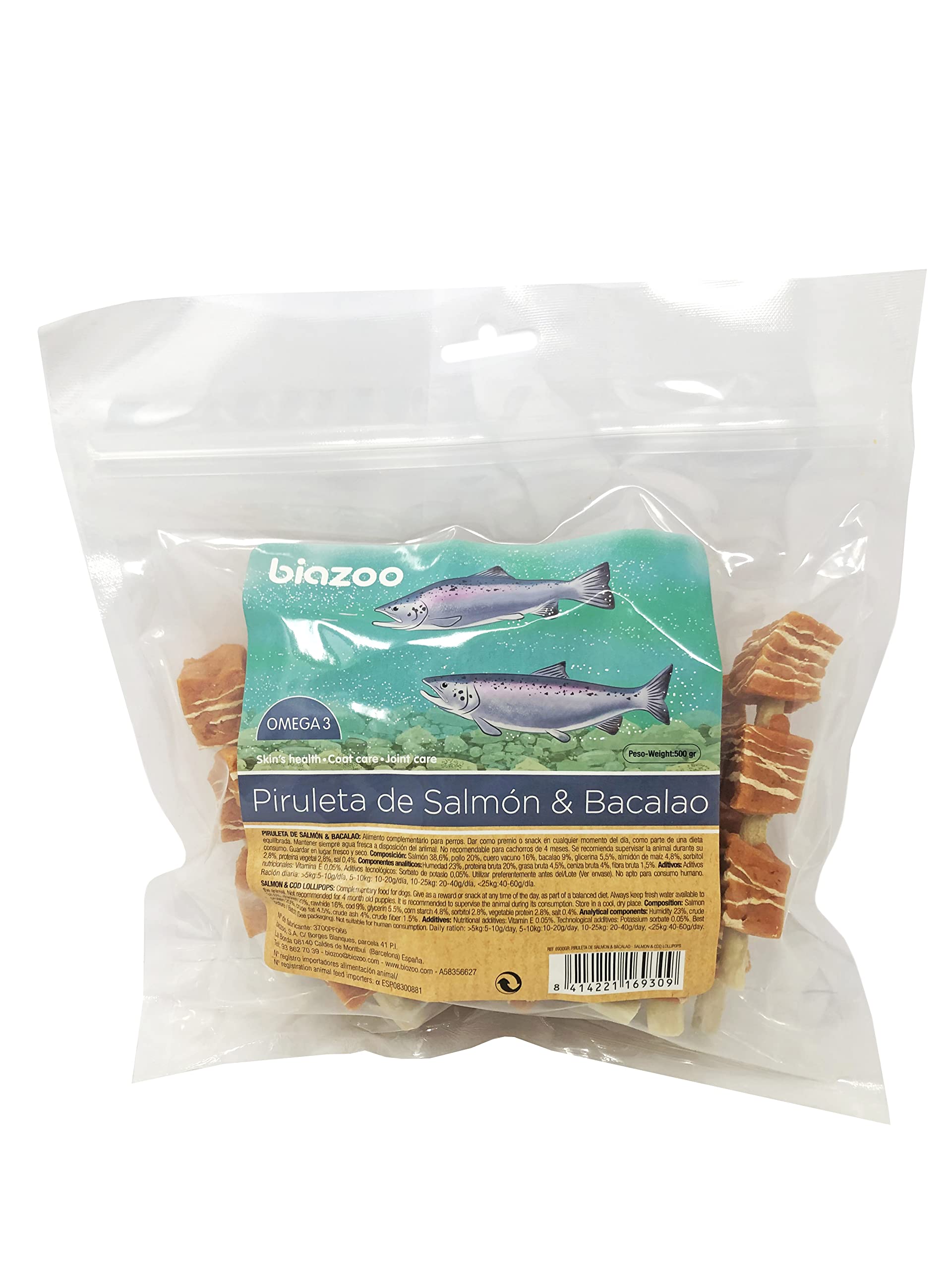 Biazoo Piruleta de Salmón y Bacalao 500 grs Snacks para Perros Apto para Todas Las Razas y tamaños. Snack Altamente digerible y con Alto Contenido en proteína.